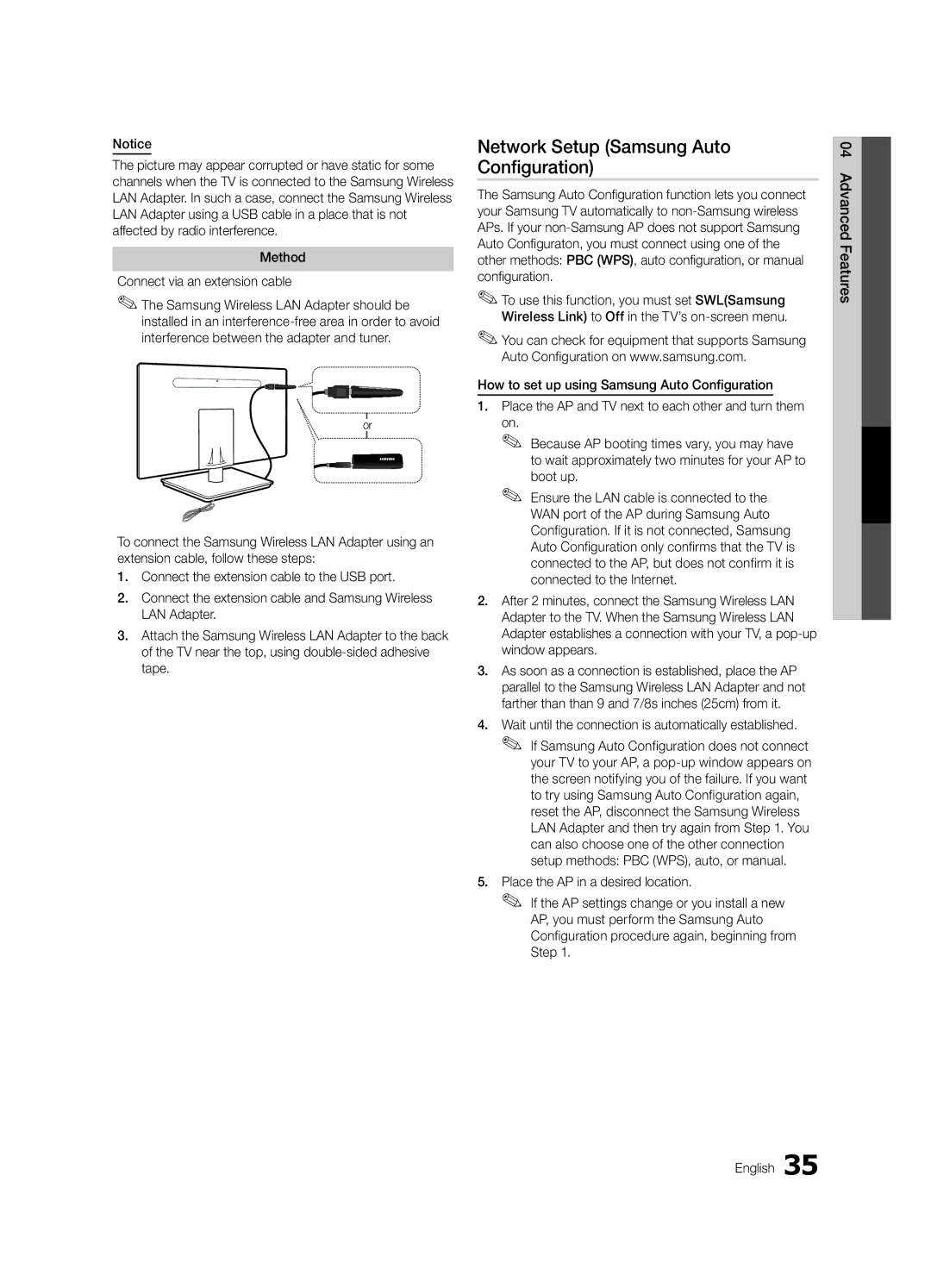 Samsung Series C9, BN68-03088A-01 Network Setup Samsung Auto Configuration, Method Connect via an extension cable, Boot up 