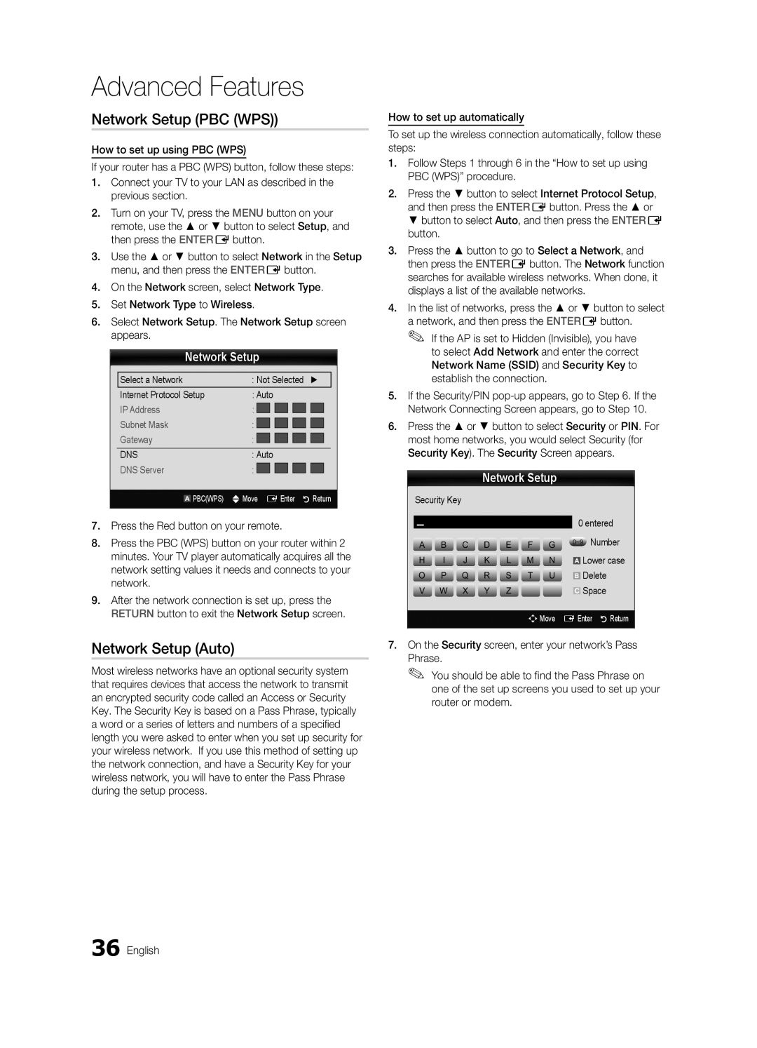 Samsung BN68-03088A-01, Series C9 user manual Network Setup PBC WPS, Security Key Entered ~9 Number, Delete 