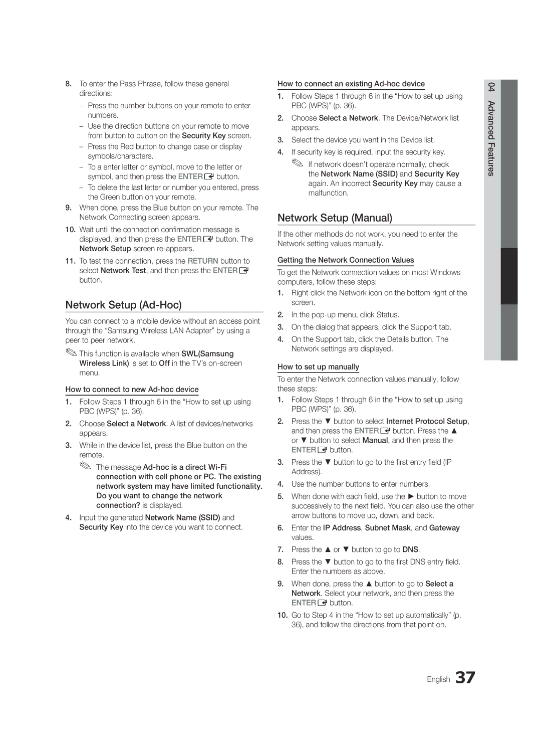 Samsung Series C9, BN68-03088A-01 user manual Network Setup Ad-Hoc, 04Features Advanced English 