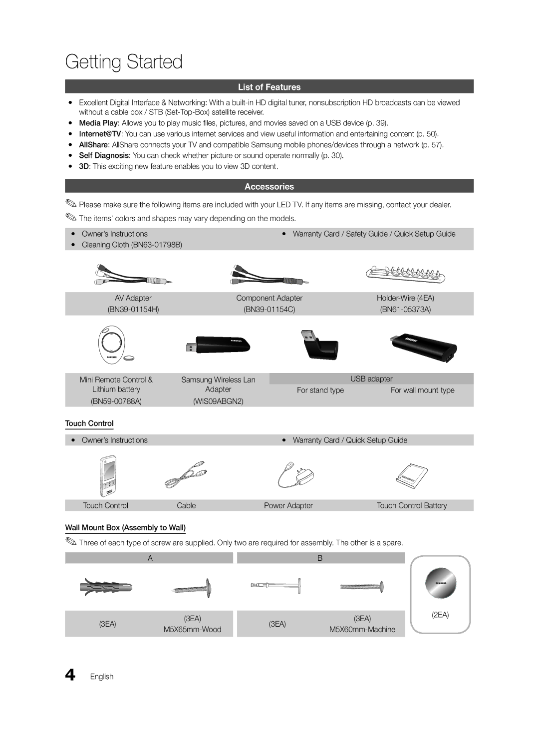 Samsung BN68-03088A-01, Series C9 user manual Getting Started, List of Features, Accessories, Cleaning Cloth BN63-01798B 