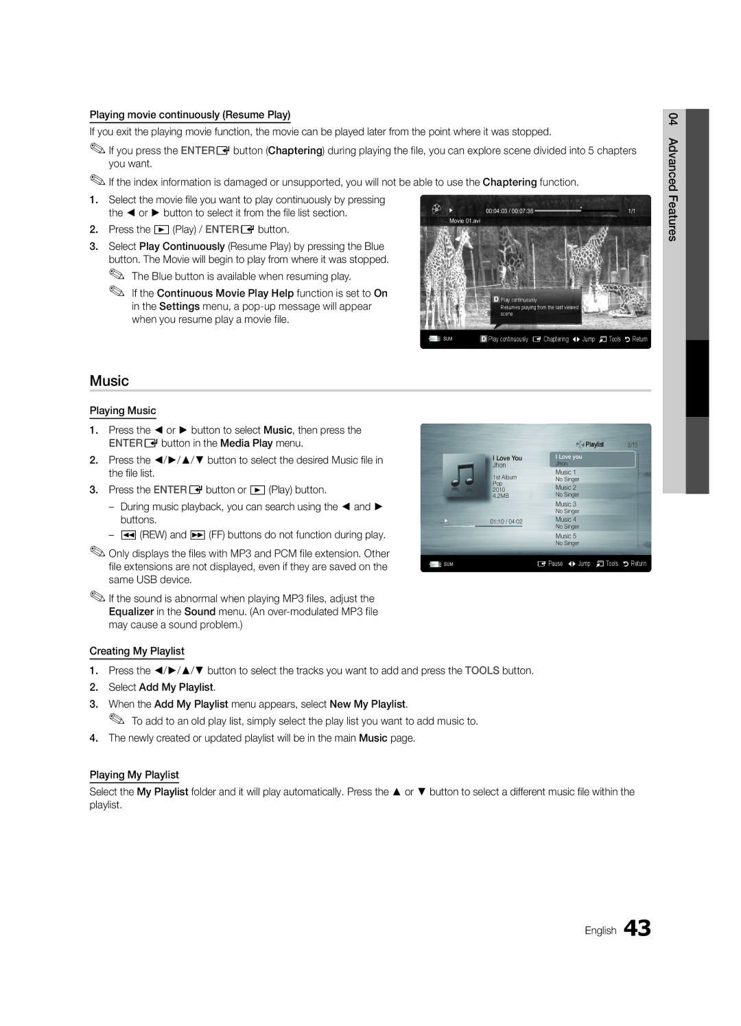 Samsung Series C9, BN68-03088A-01 Music, Settings menu, a pop-up message will appear, When you resume play a movie file 