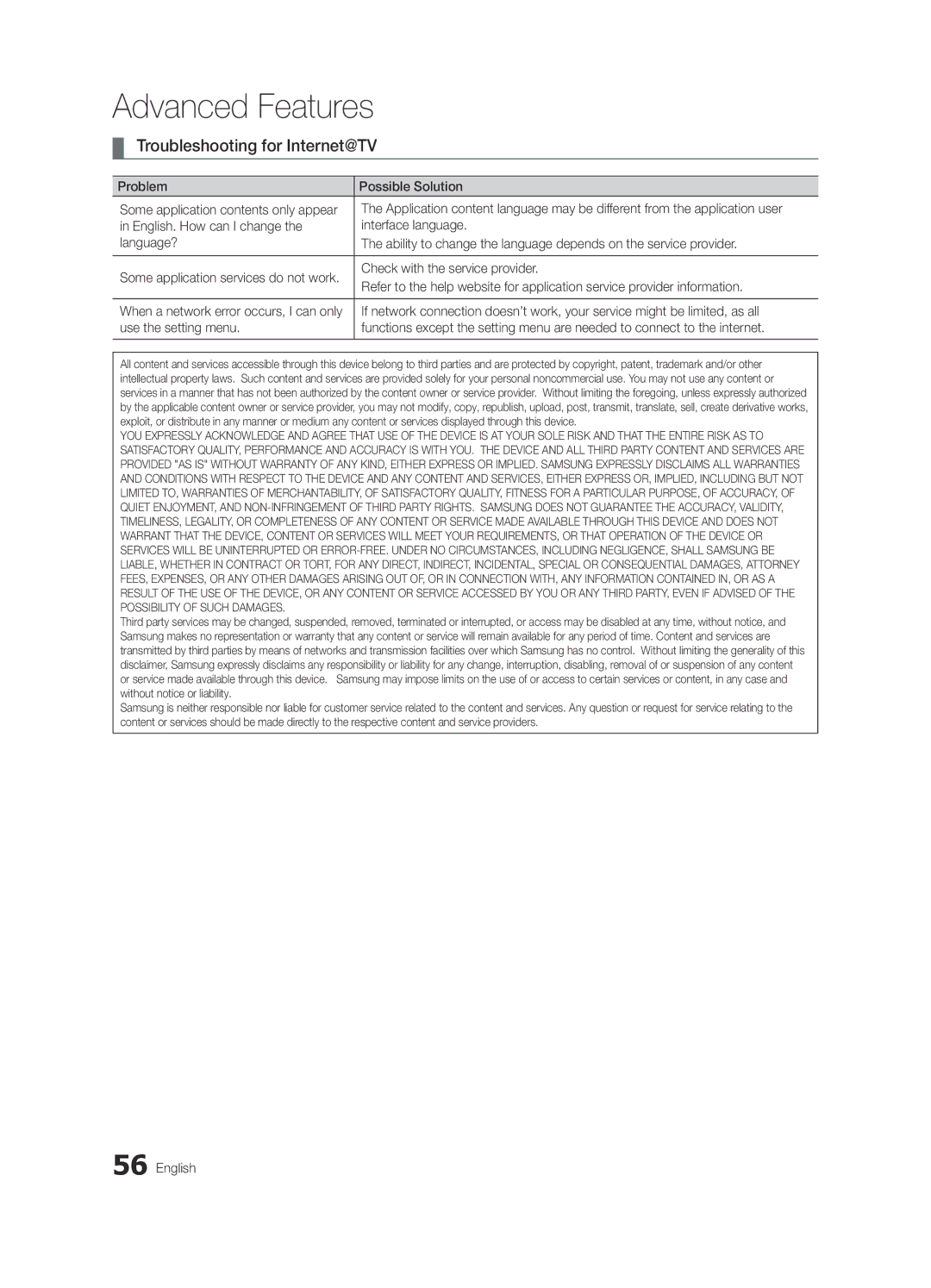 Samsung BN68-03088A-01 Troubleshooting for Internet@TV, Problem Possible Solution, Check with the service provider 