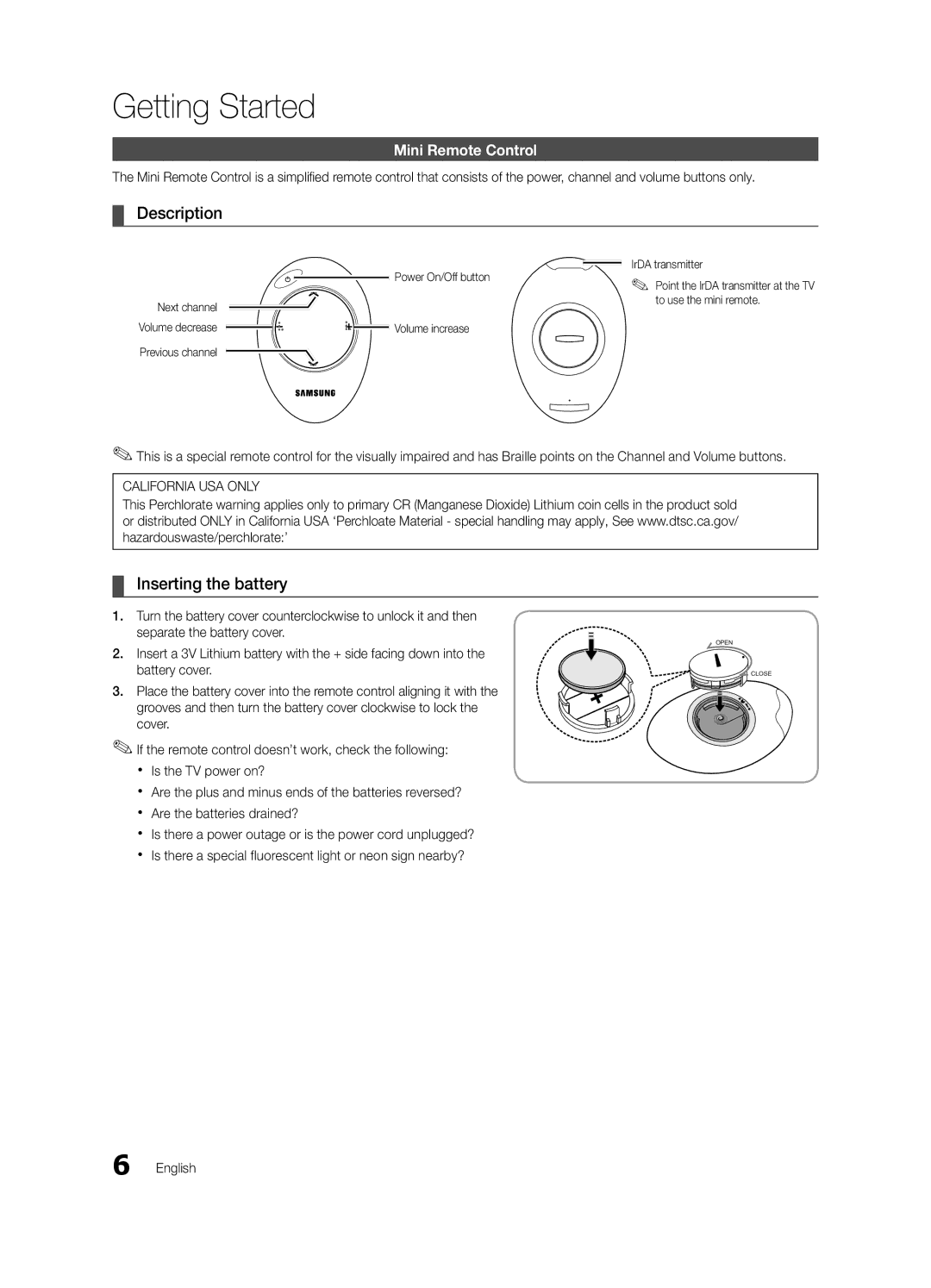 Samsung BN68-03088A-01, Series C9 user manual Description, Inserting the battery, Mini Remote Control 