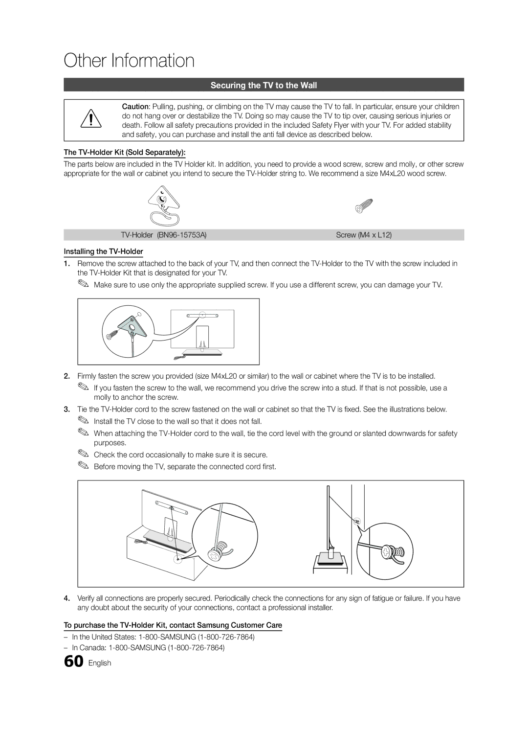 Samsung BN68-03088A-01 Securing the TV to the Wall, TV-Holder Kit Sold Separately, TV-Holder BN96-15753A, Screw M4 x L12 