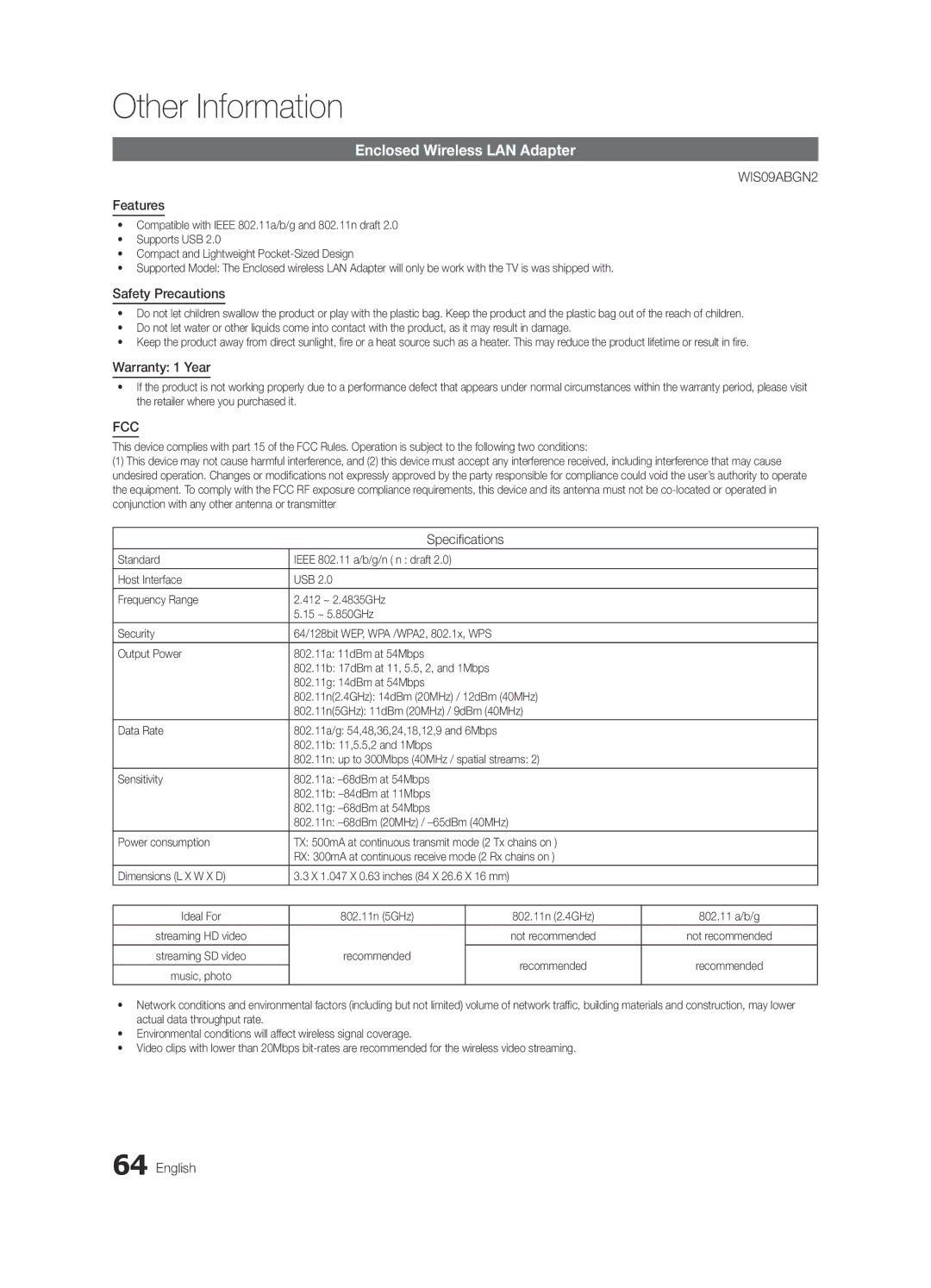 Samsung BN68-03088A-01, Series C9 user manual Enclosed Wireless LAN Adapter, Features, Safety Precautions, Warranty 1 Year 