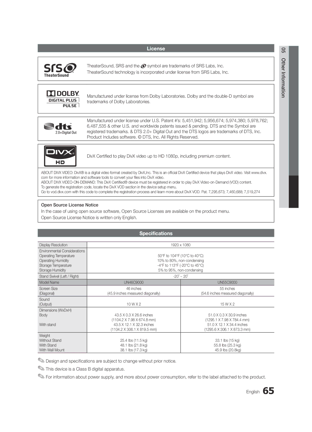 Samsung Series C9, BN68-03088A-01 user manual License, Specifications, English 05InformationOher 