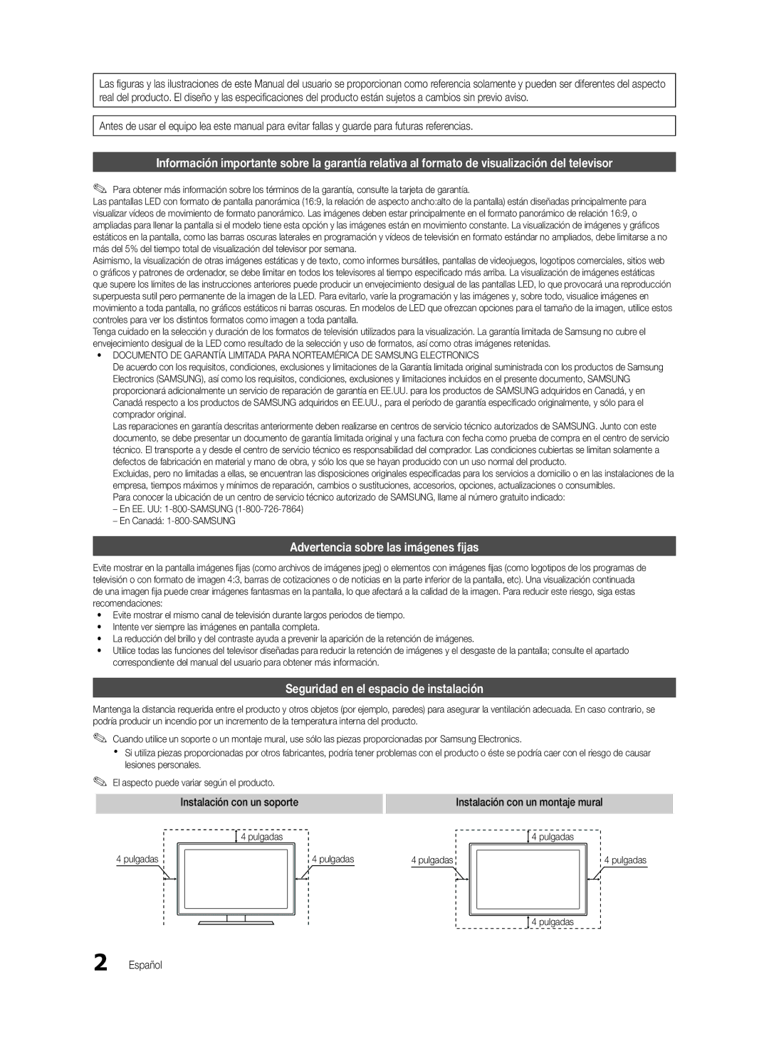 Samsung BN68-03088A-01, Series C9 user manual Advertencia sobre las imágenes fijas, Seguridad en el espacio de instalación 