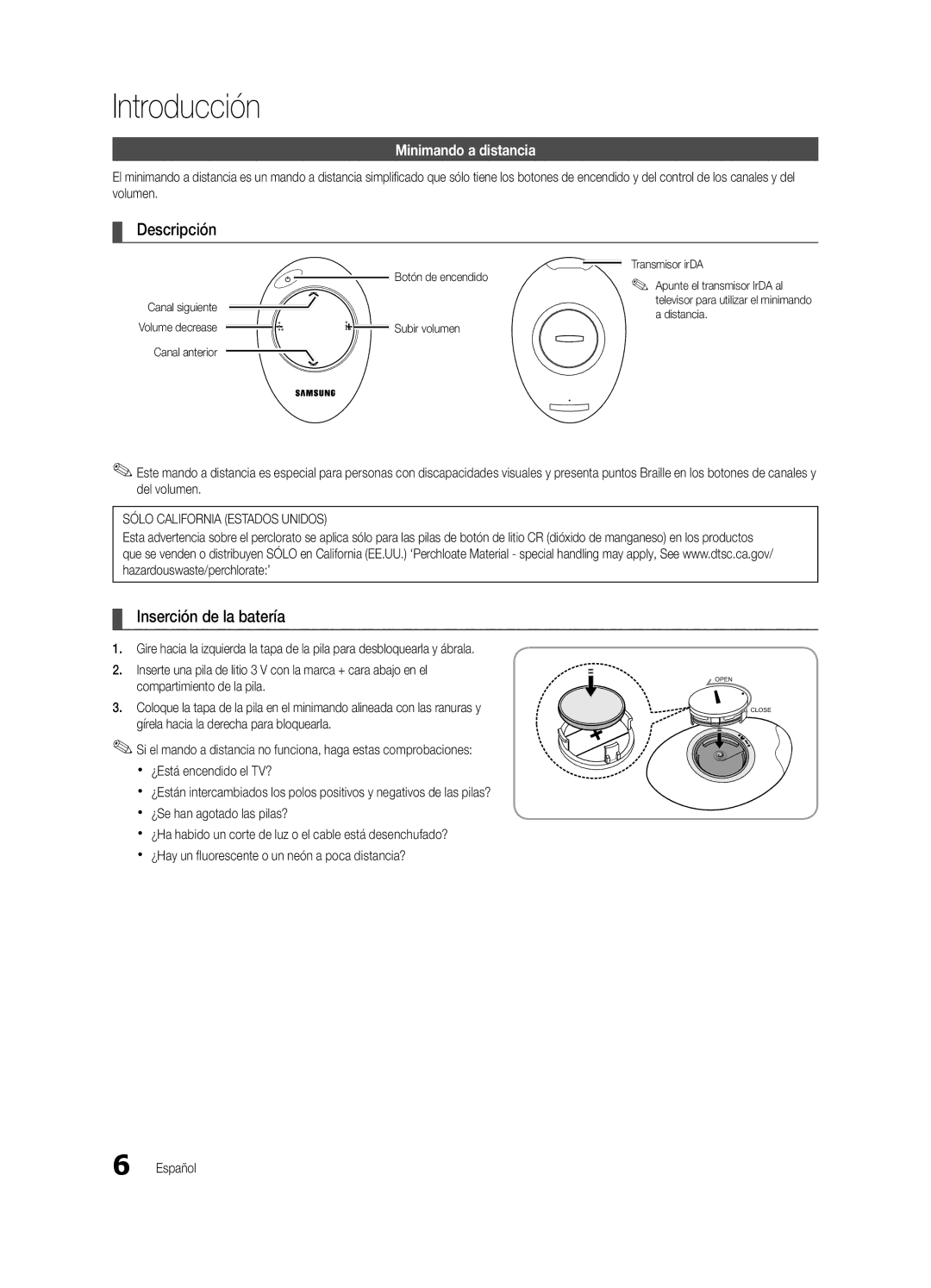 Samsung BN68-03088A-01, Series C9 user manual Descripción, Inserción de la batería, Minimando a distancia, Subir volumen 