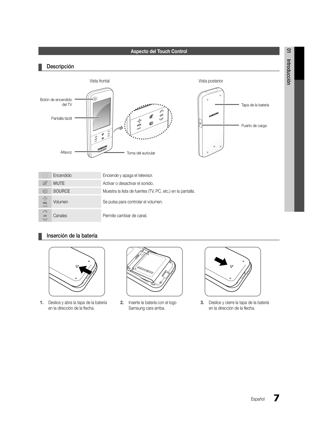 Samsung Series C9, BN68-03088A-01 user manual Aspecto del Touch Control, Vista posterior, Encendido 