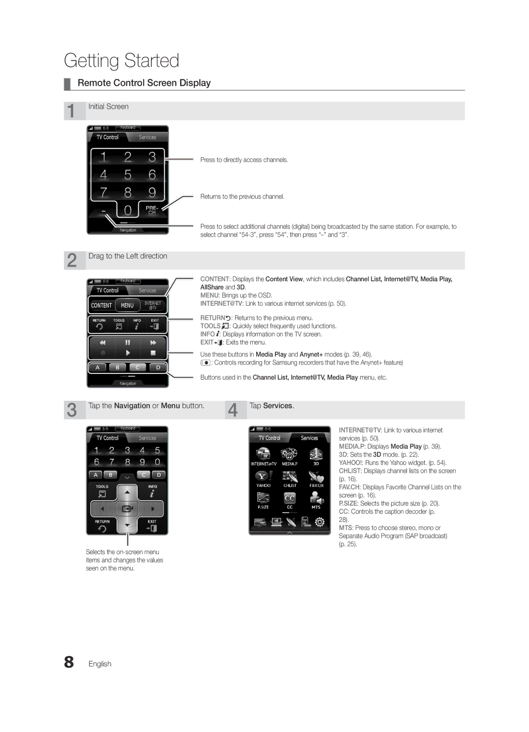 Samsung BN68-03088A-01, Series C9 user manual Remote Control Screen Display, Tap the Navigation or Menu button Tap Services 