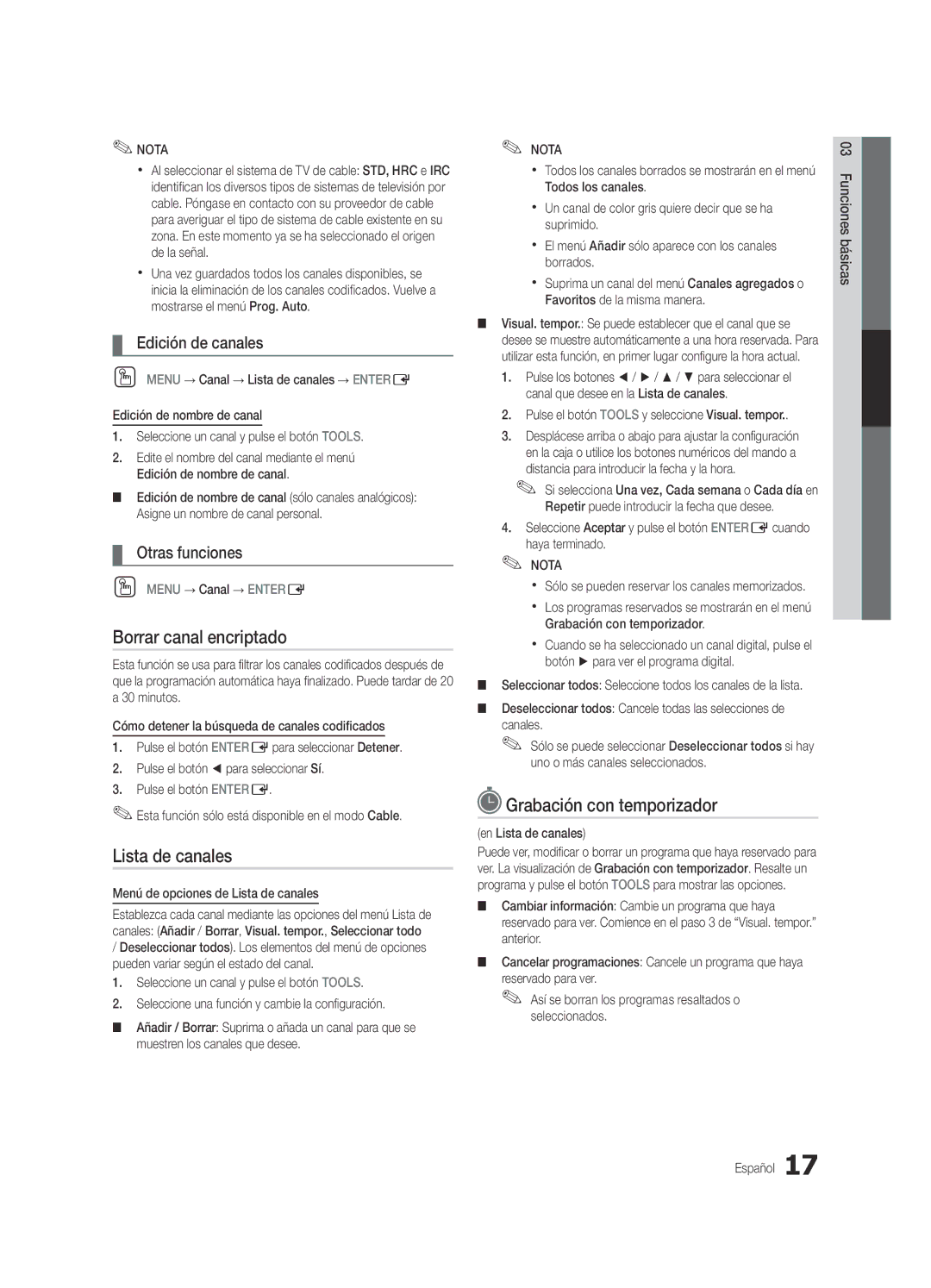 Samsung Series C9, BN68-03088A-01 Borrar canal encriptado, Grabación con temporizador, Edición de canales, Otras funciones 