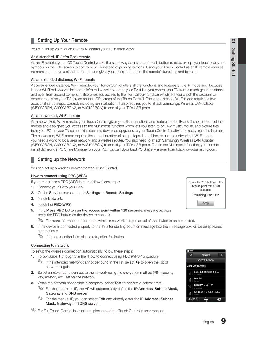 Samsung Series C9, BN68-03088A-01 Setting Up Your Remote, Setting up the Network, As an extended distance, Wi-Fi remote 