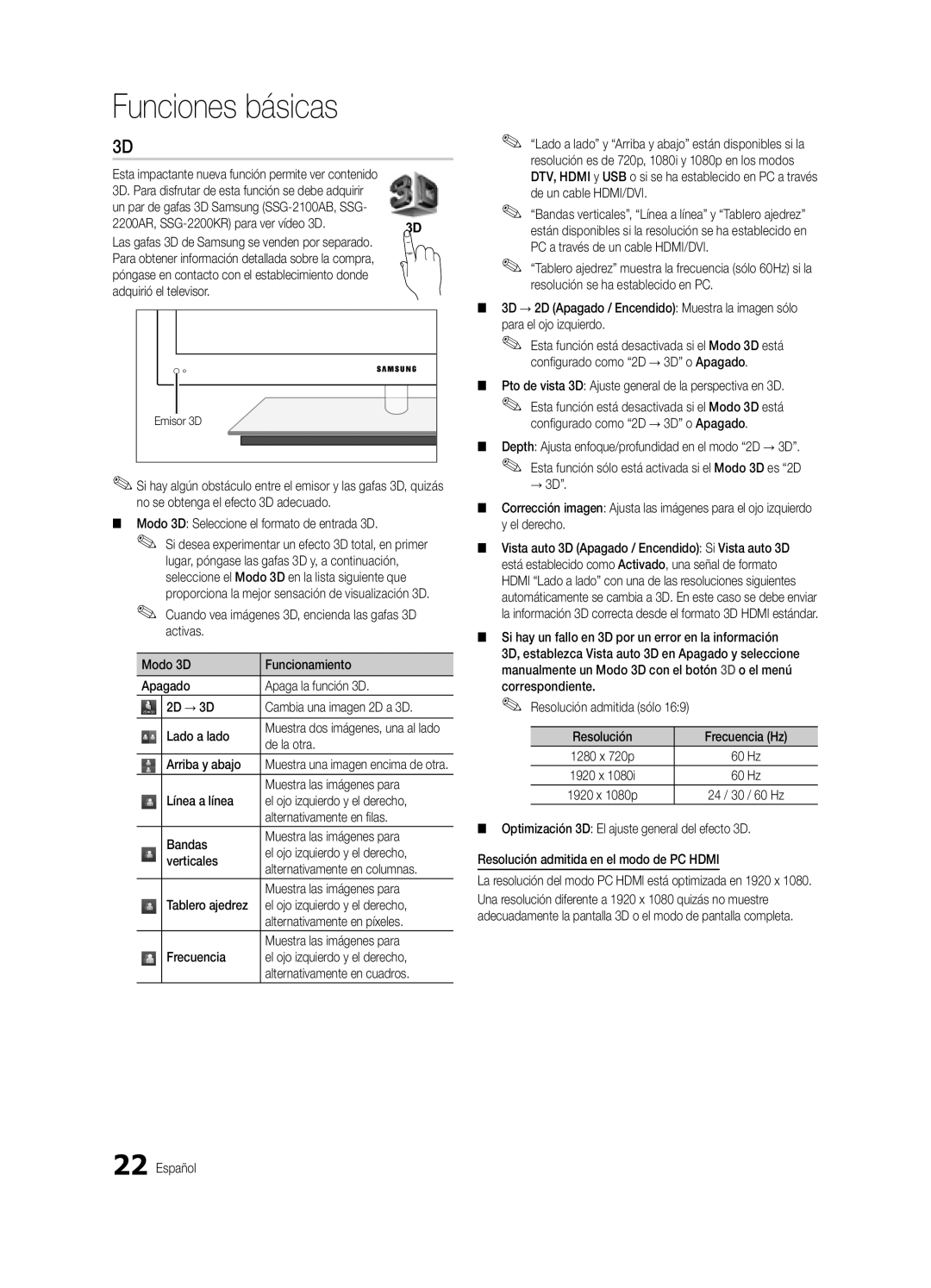 Samsung BN68-03088A-01 2200AR, SSG-2200KR para ver vídeo 3D, Modo 3D Seleccione el formato de entrada 3D, De la otra 