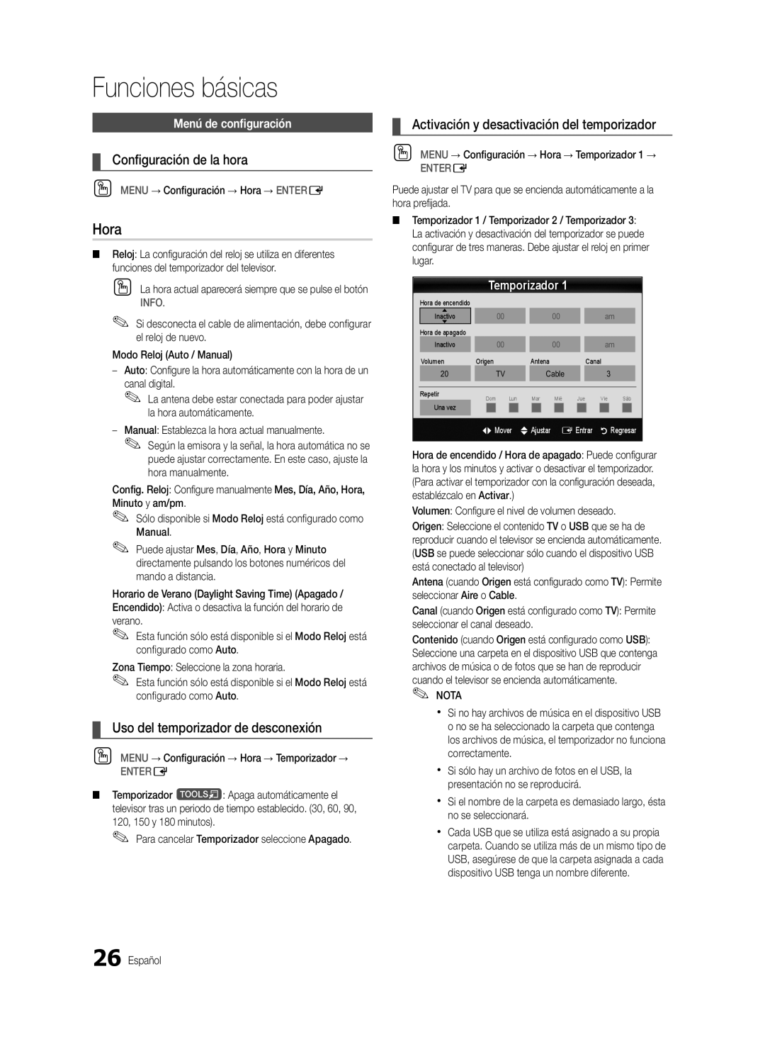 Samsung BN68-03088A-01, Series C9 user manual Hora, Configuración de la hora, Uso del temporizador de desconexión 