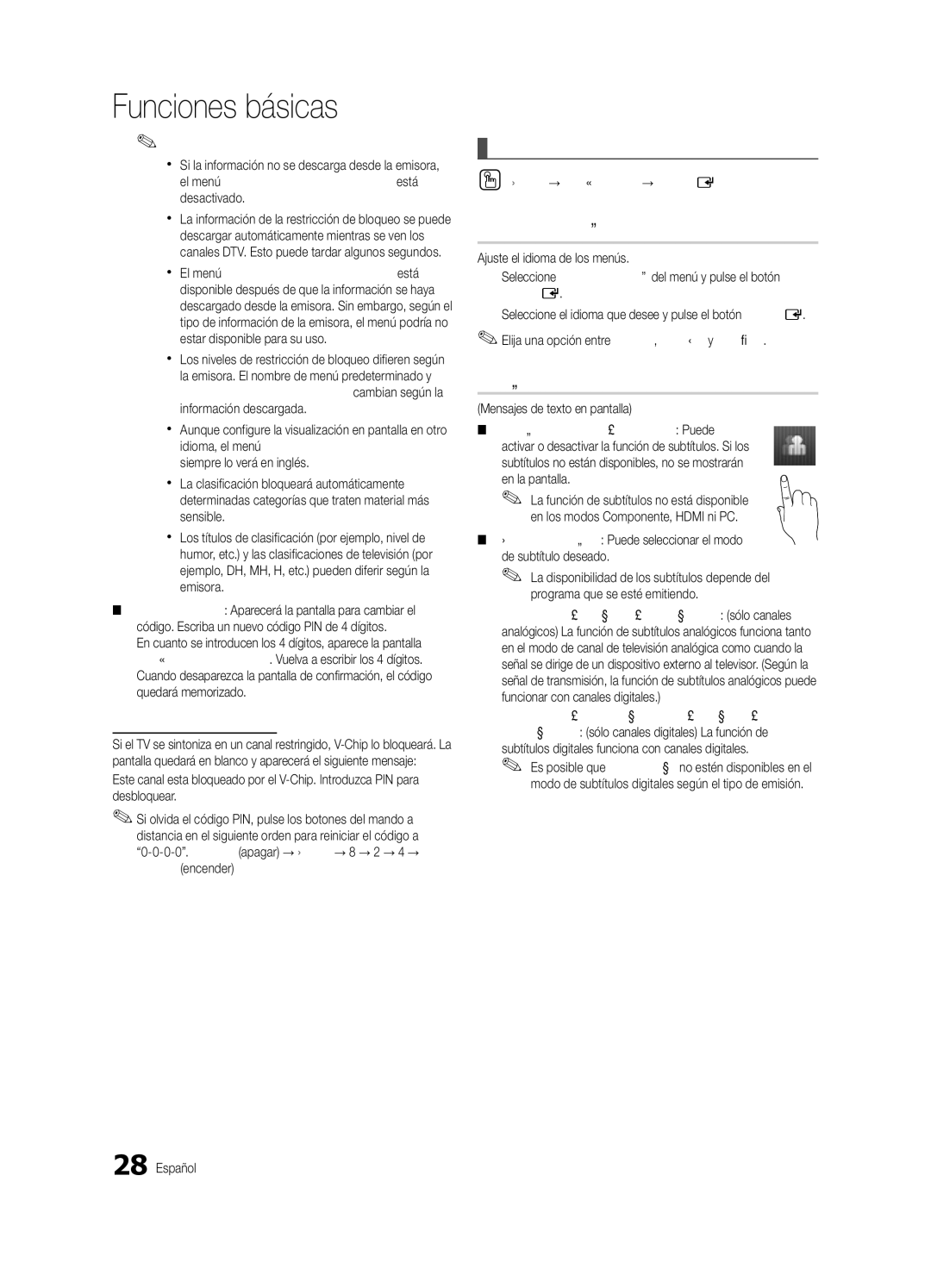 Samsung BN68-03088A-01 Idioma del menú, Subtítulo, Cómo ver un canal restringido, OO Menu → Configuración → Entere 