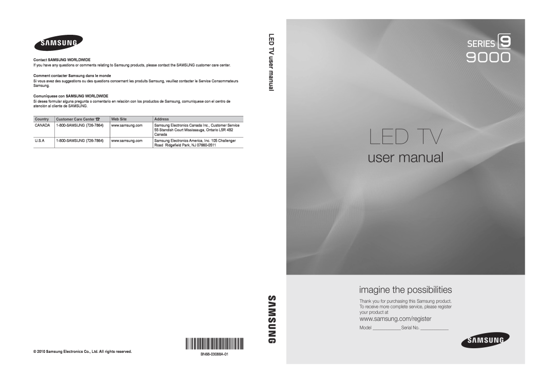 Samsung Series C9 user manual Model Serial No, Led Tv, imagine the possibilities, LED TV user manual, Country, Web Site 