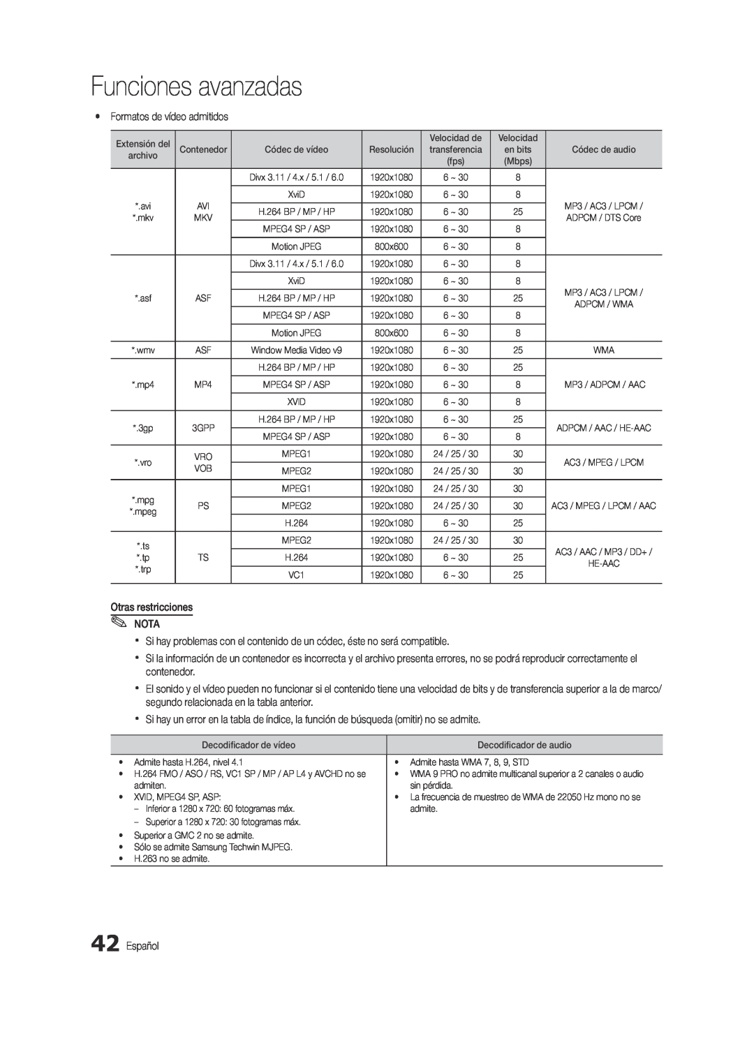 Samsung BN68-03088A-01, Series C9 user manual Funciones avanzadas, yy Formatos de vídeo admitidos 