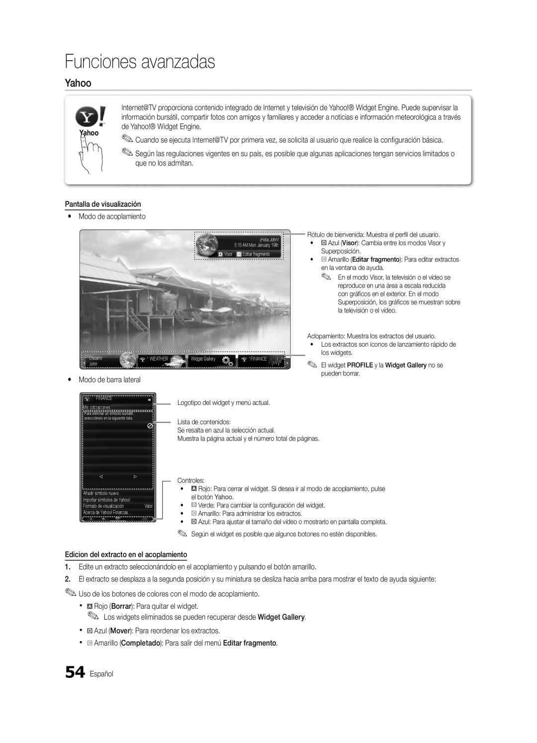 Samsung BN68-03088A-01, Series C9 user manual Funciones avanzadas, Yahoo, Pantalla de visualización y Modo de acoplamiento 