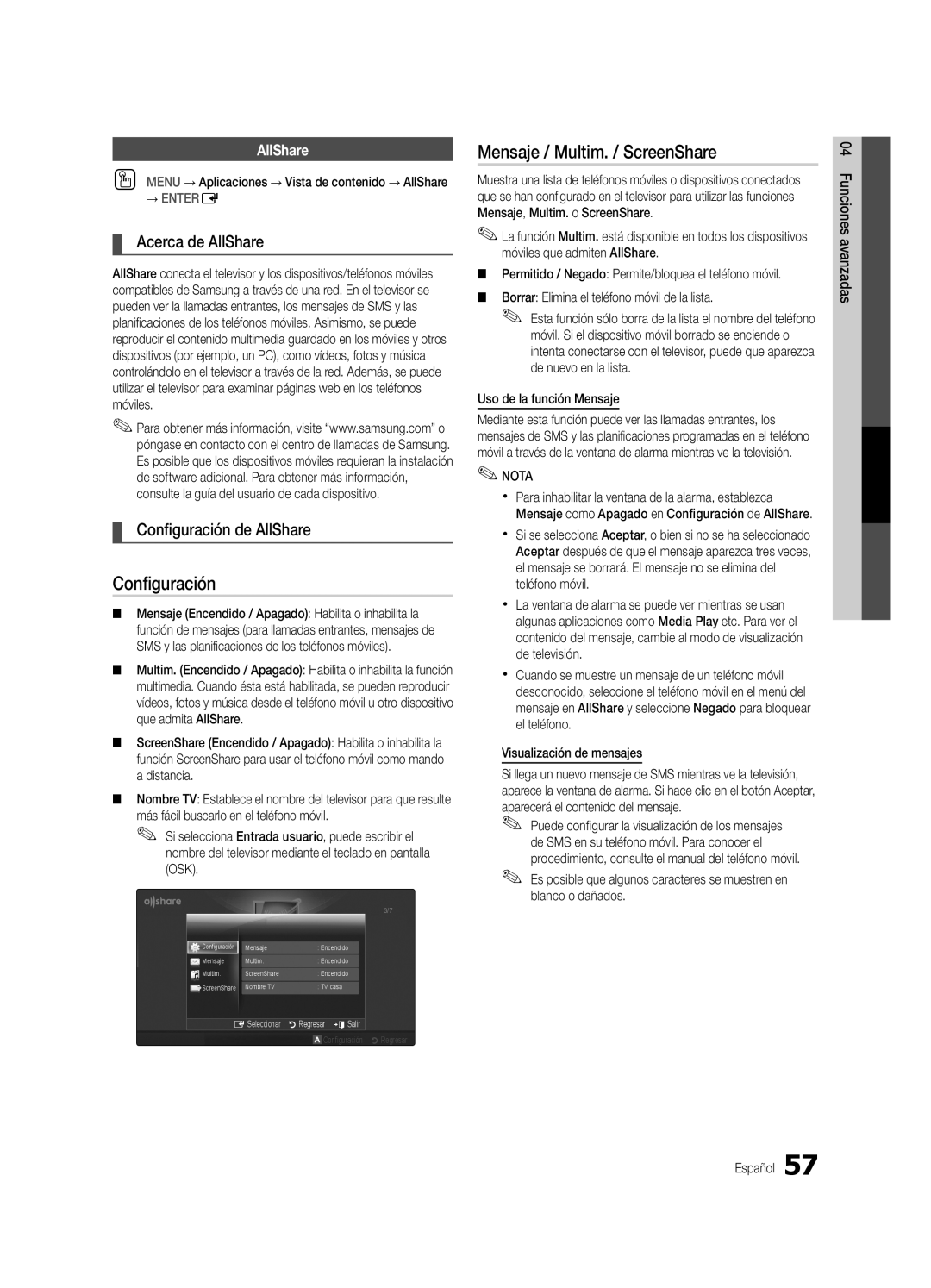 Samsung Series C9 user manual Mensaje / Multim. / ScreenShare, Acerca de AllShare, Configuración de AllShare, → Entere 