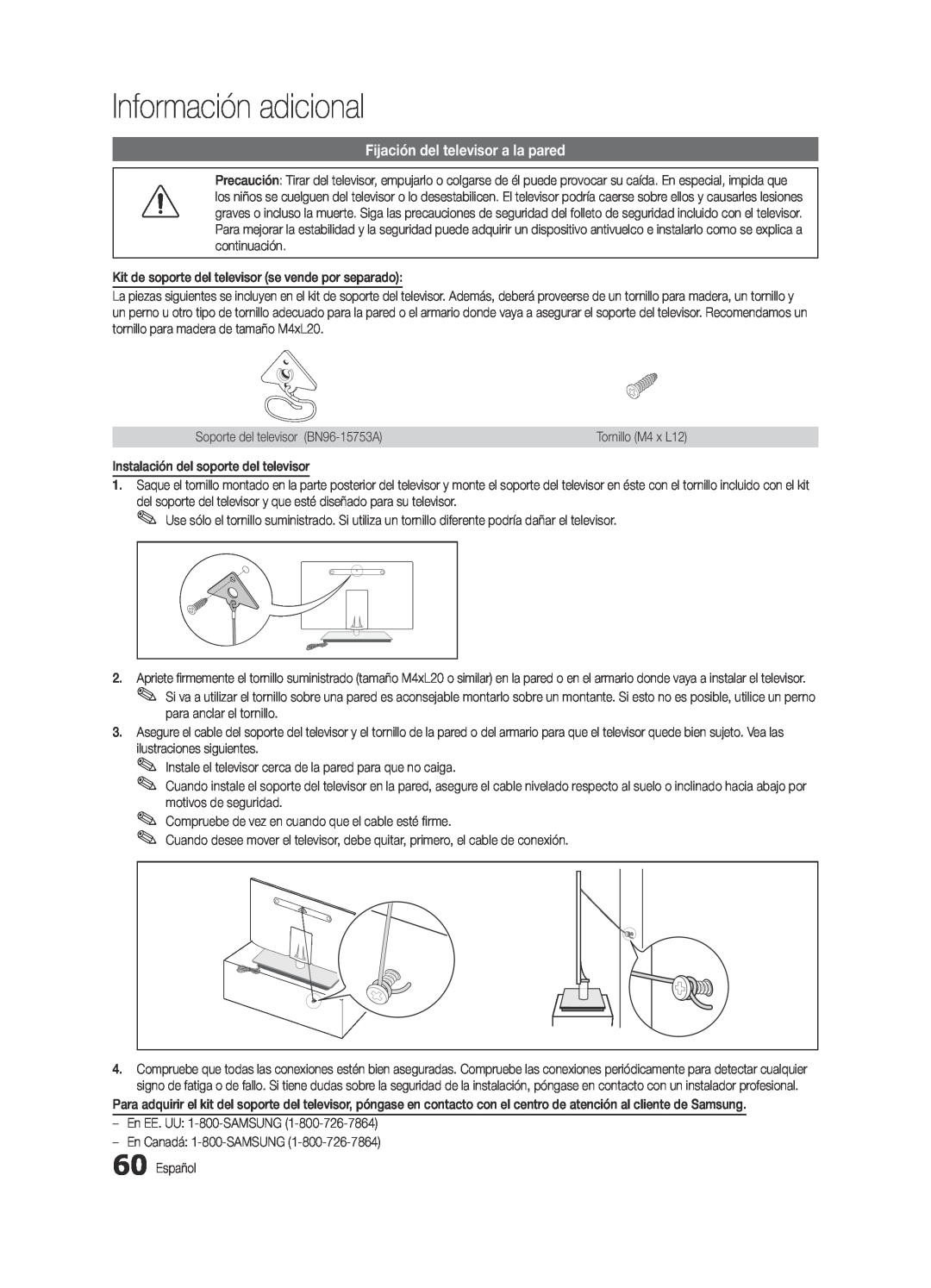 Samsung BN68-03088A-01, Series C9 user manual Fijación del televisor a la pared, Información adicional 