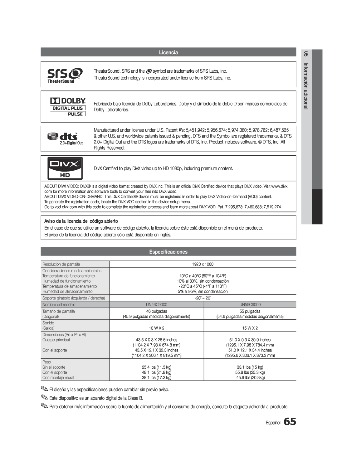 Samsung Series C9, BN68-03088A-01 user manual Licencia, Especificaciones 