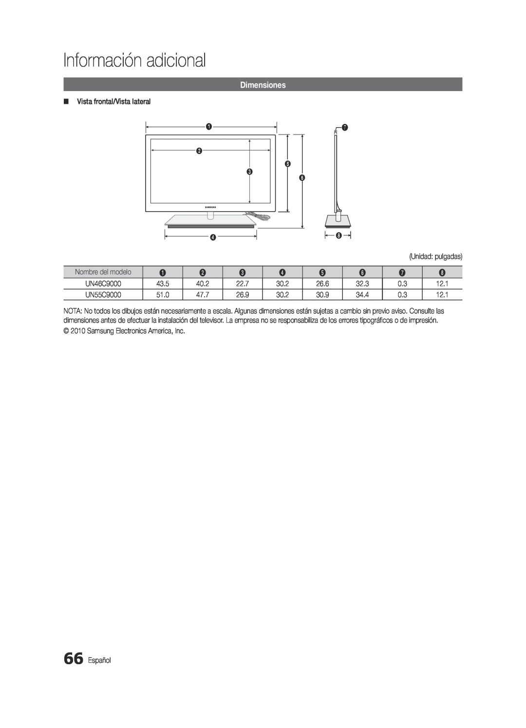 Samsung BN68-03088A-01, Series C9 user manual Dimensiones, Información adicional 