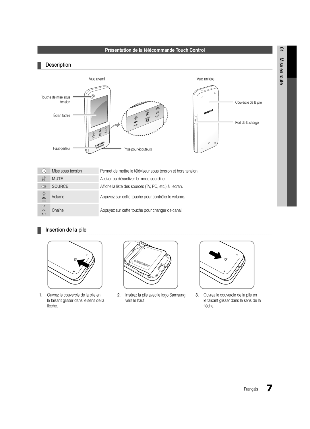 Samsung Series C9 Présentation de la télécommande Touch Control, Description, Insertion de la pile, Mute, Source 