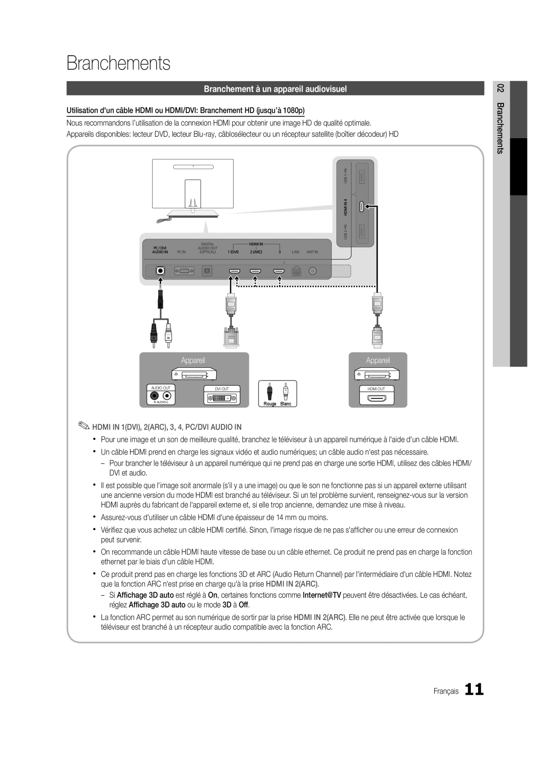 Samsung Series C9 Branchements, Branchement à un appareil audiovisuel, Appareil, HDMI IN 1DVI, 2ARC, 3, 4, PC/DVI AUDIO IN 