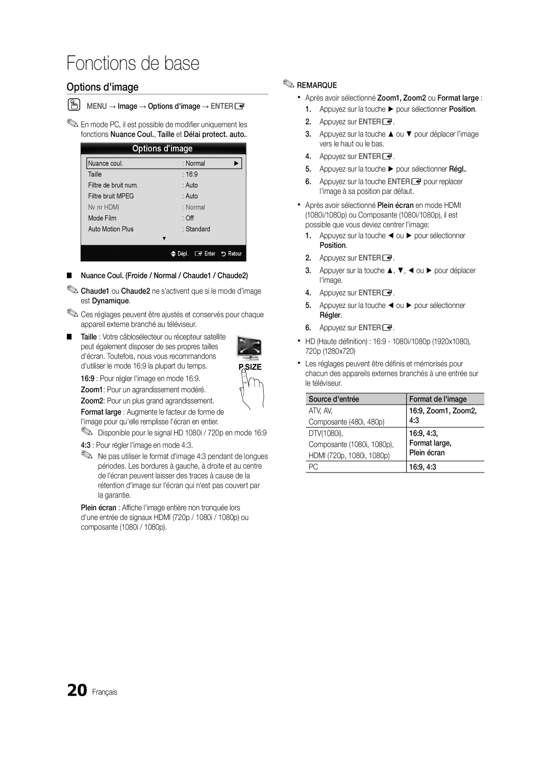 Samsung BN68-03088A-01, Series C9 user manual Options dimage, Fonctions de base 