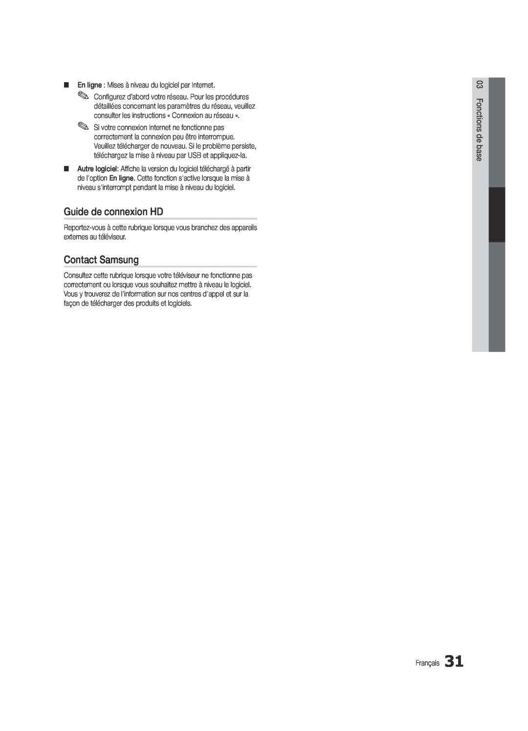 Samsung Series C9, BN68-03088A-01 user manual Guide de connexion HD, Contact Samsung, basede 03 Fonctions 