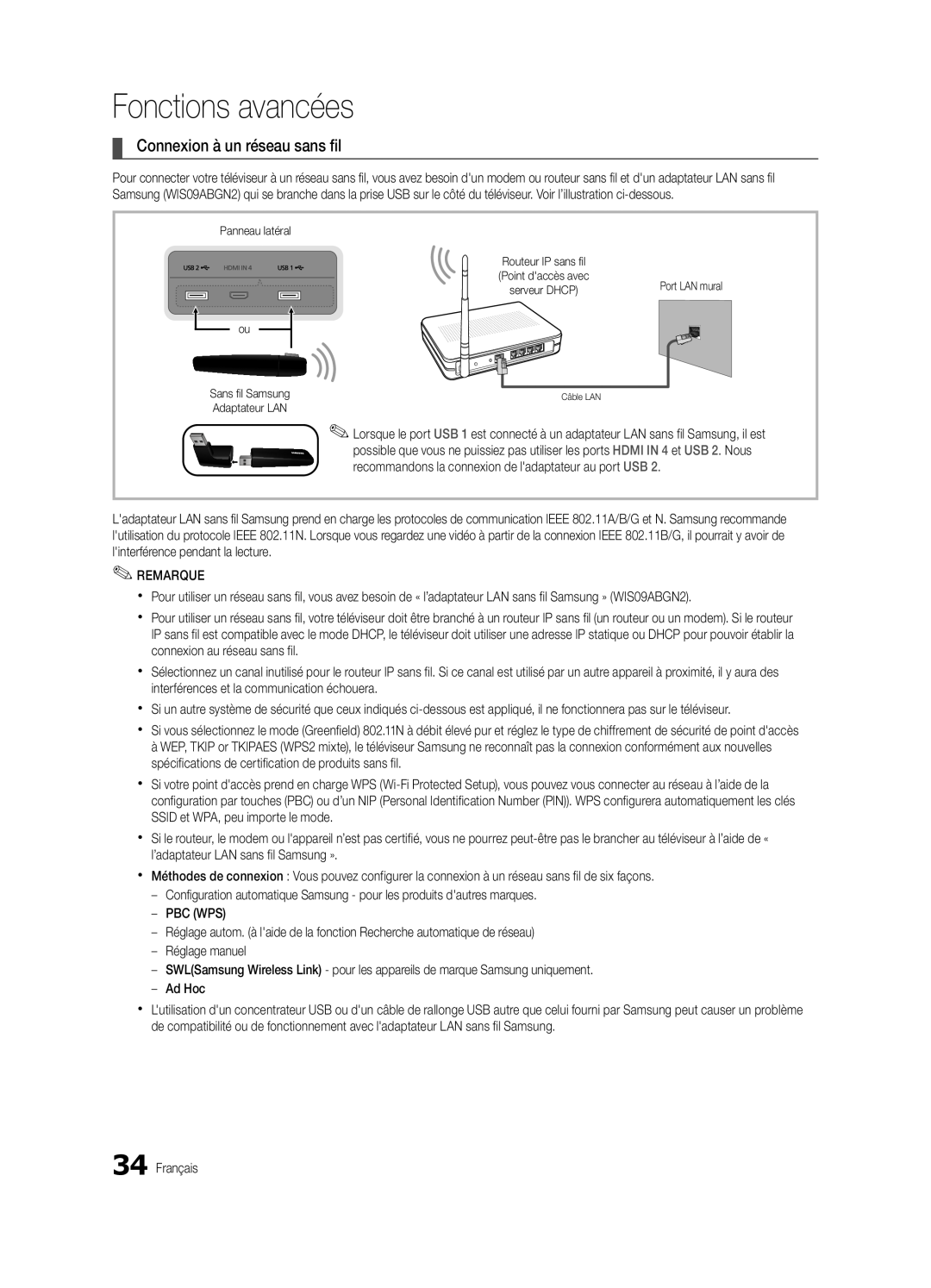 Samsung BN68-03088A-01, Series C9 user manual Connexion à un réseau sans fil, Fonctions avancées 