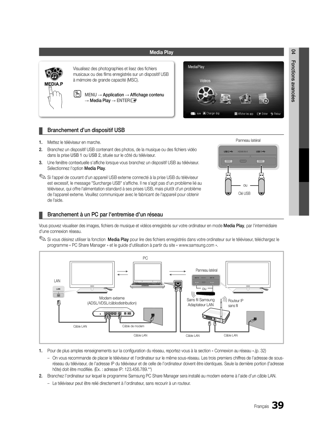 Samsung Series C9 Branchement d’un dispositif USB, Branchement à un PC par lentremise dun réseau, Media Play, Media.P 