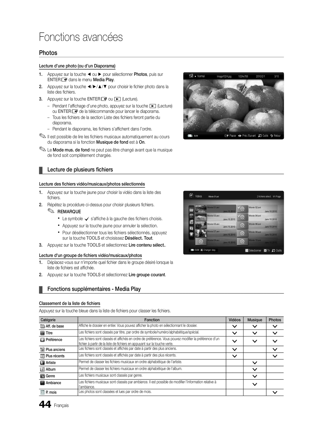 Samsung BN68-03088A-01 Lecture de plusieurs fichiers, Fonctions supplémentaires - Media Play, Fonctions avancées, Photos 