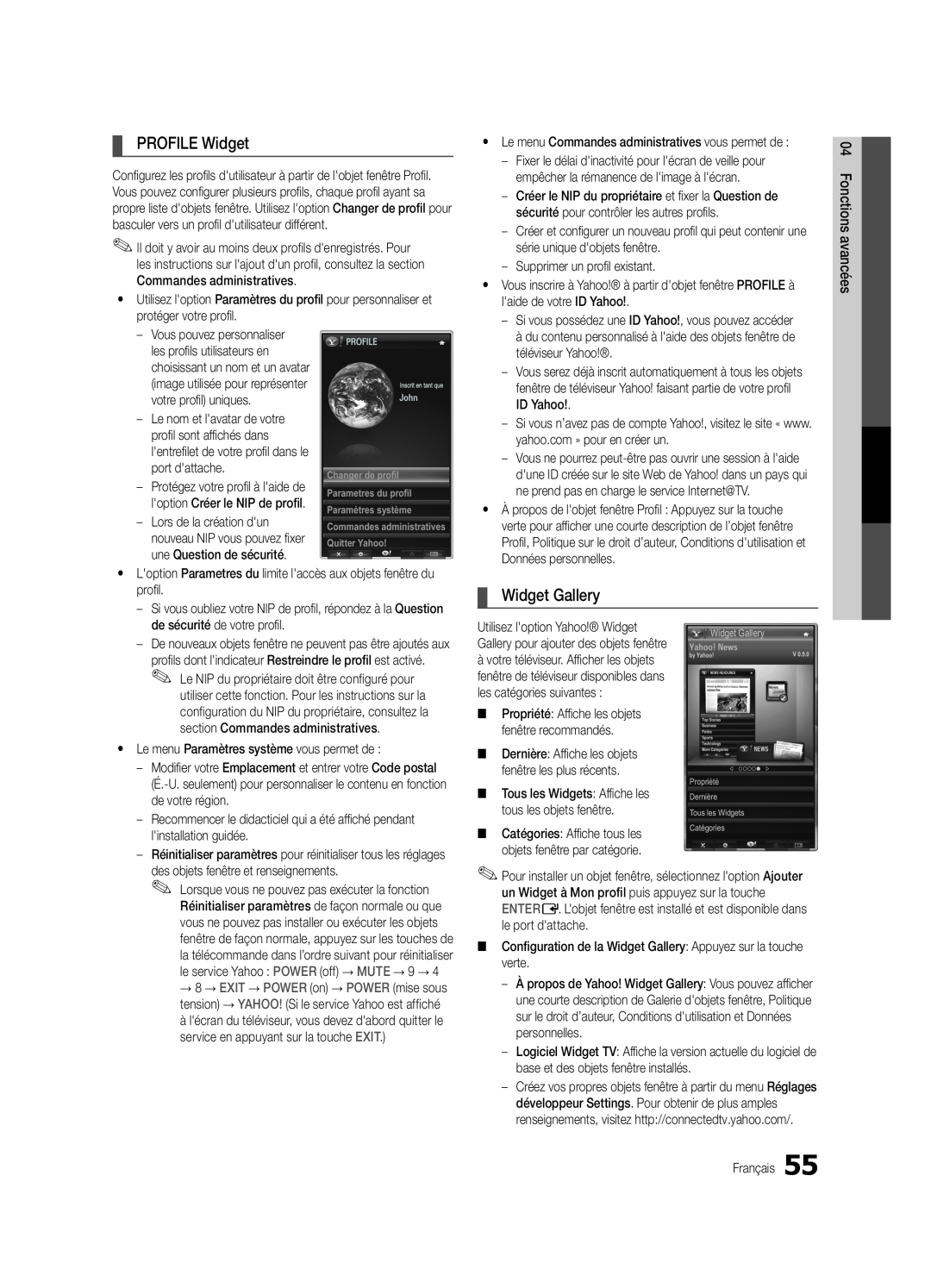 Samsung Series C9, BN68-03088A-01 user manual PROFILE Widget, Widget Gallery, Protégez votre profil à laide de 