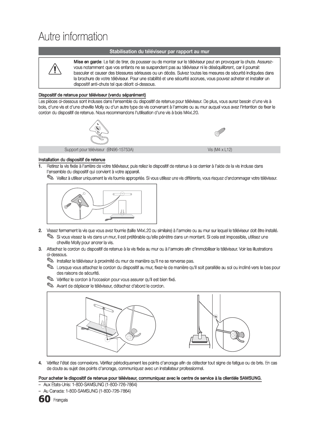 Samsung BN68-03088A-01, Series C9 user manual Stabilisation du téléviseur par rapport au mur, Autre information 