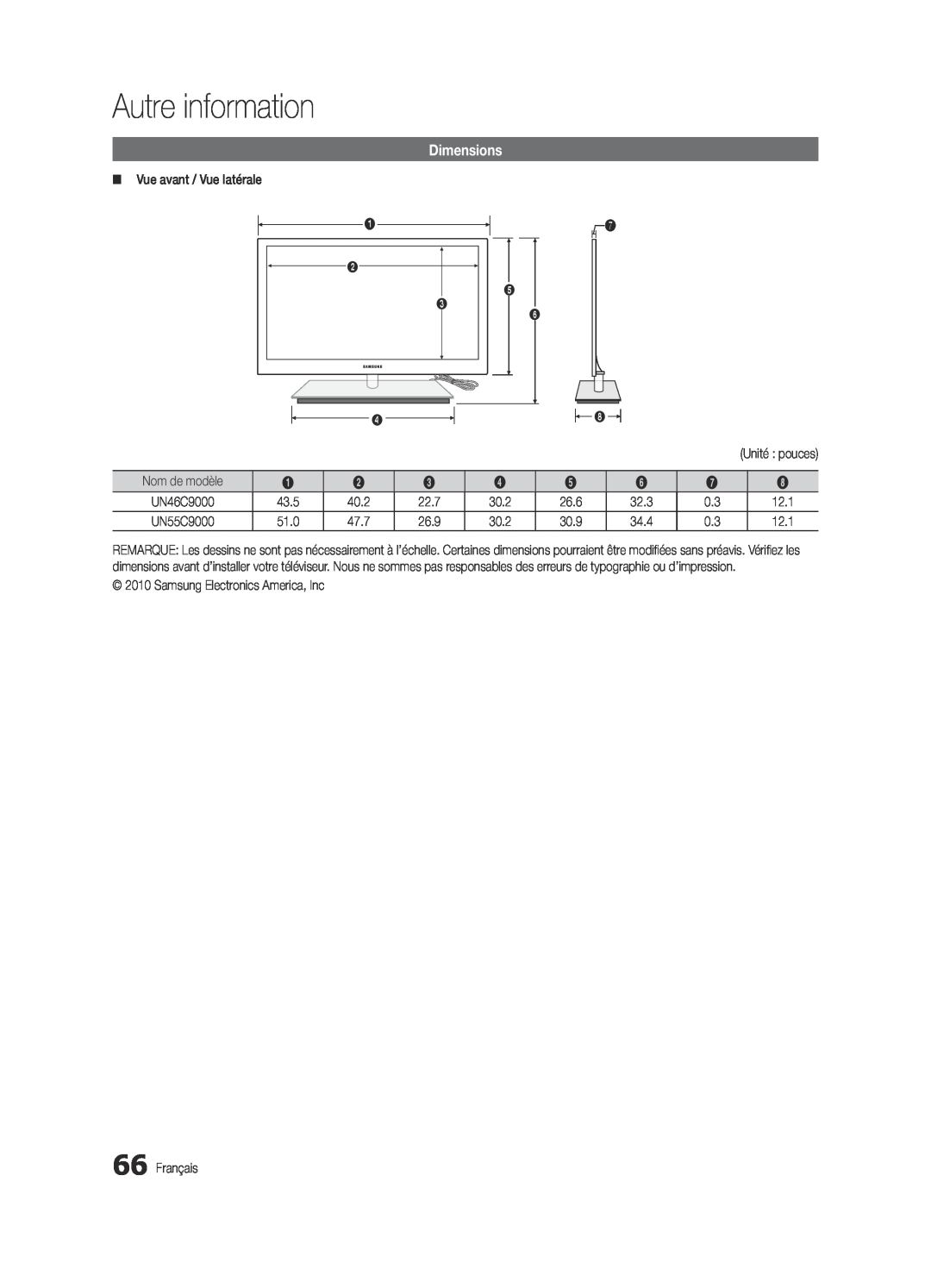Samsung BN68-03088A-01, Series C9 user manual Autre information, Dimensions 