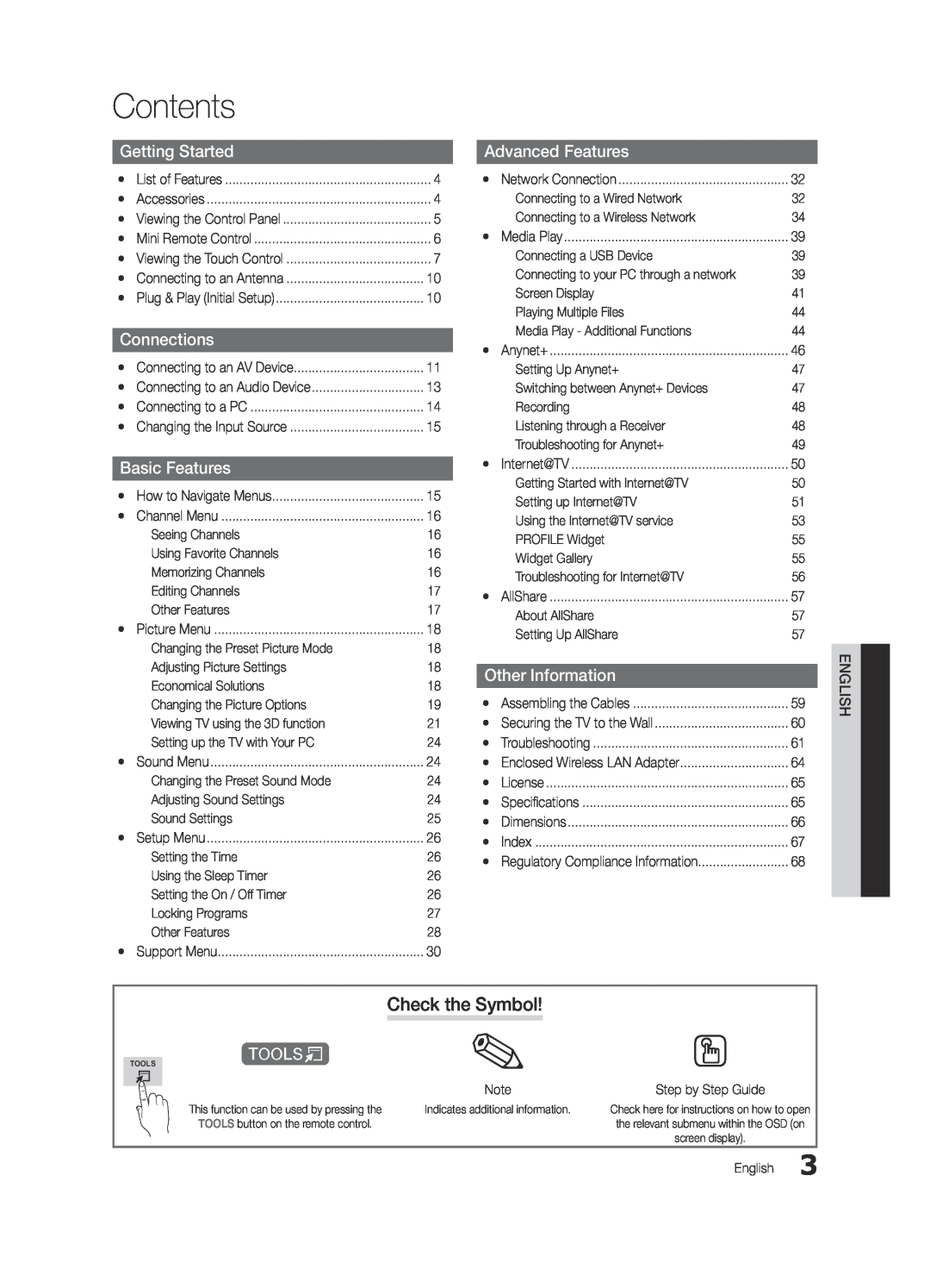 Samsung Series C9 user manual Contents, Check the Symbol, Getting Started, Connections, Basic Features, Advanced Features 