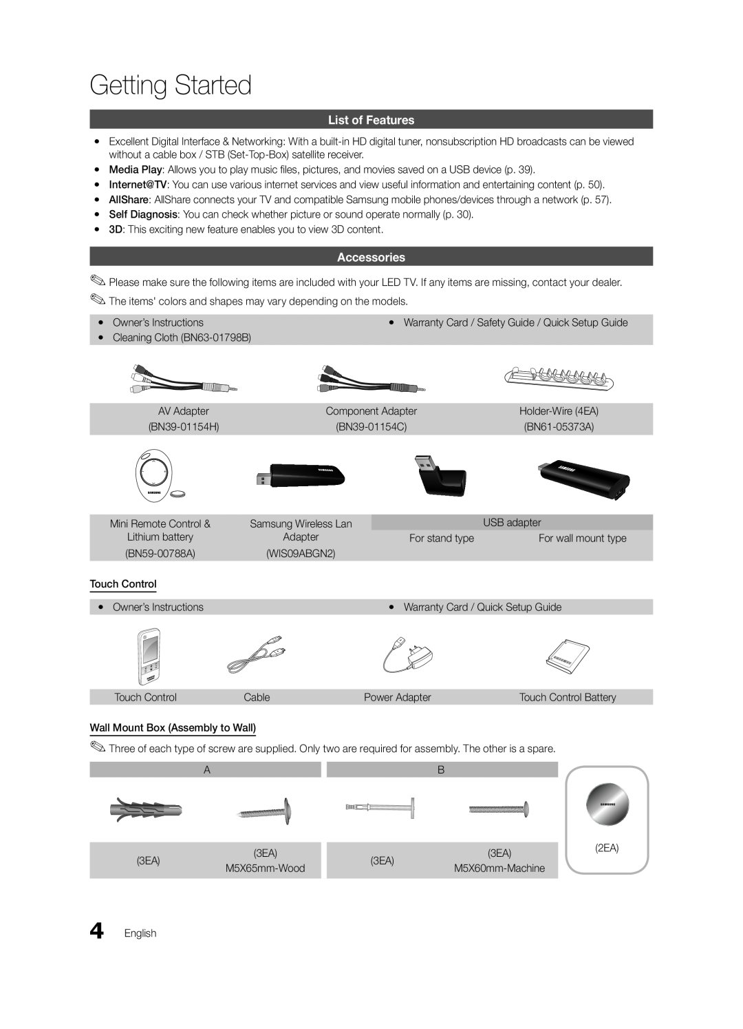 Samsung BN68-03088A-01, Series C9 user manual Getting Started, List of Features, Accessories 
