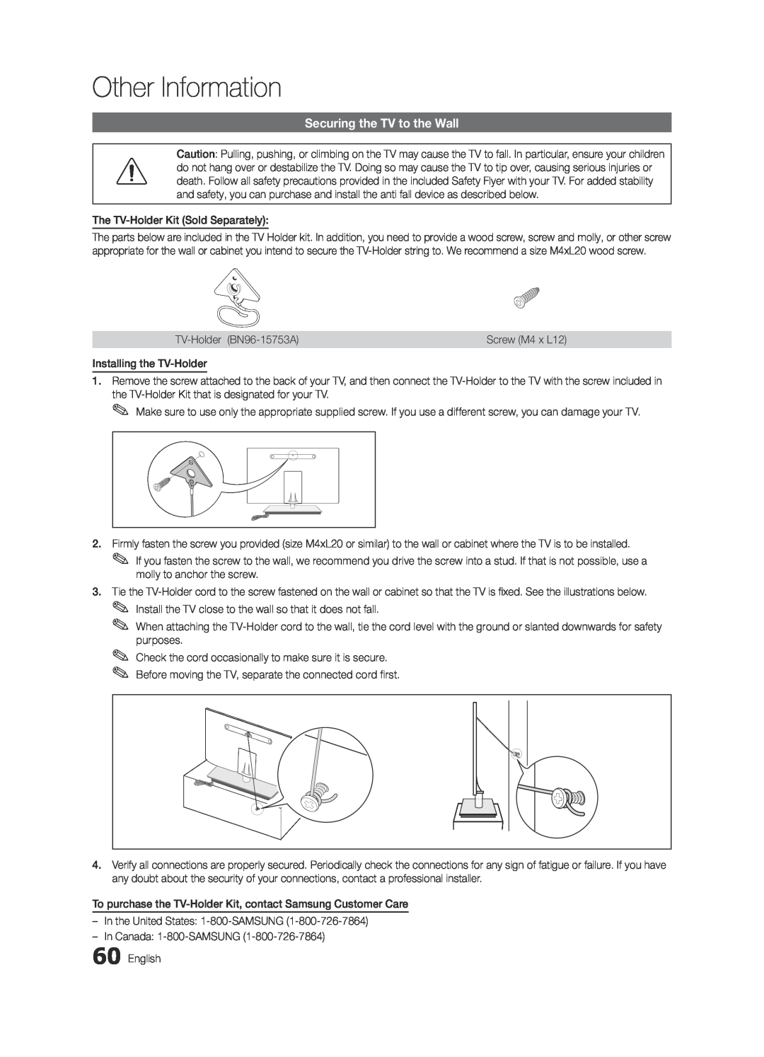 Samsung BN68-03088A-01, Series C9 user manual Securing the TV to the Wall, Other Information 