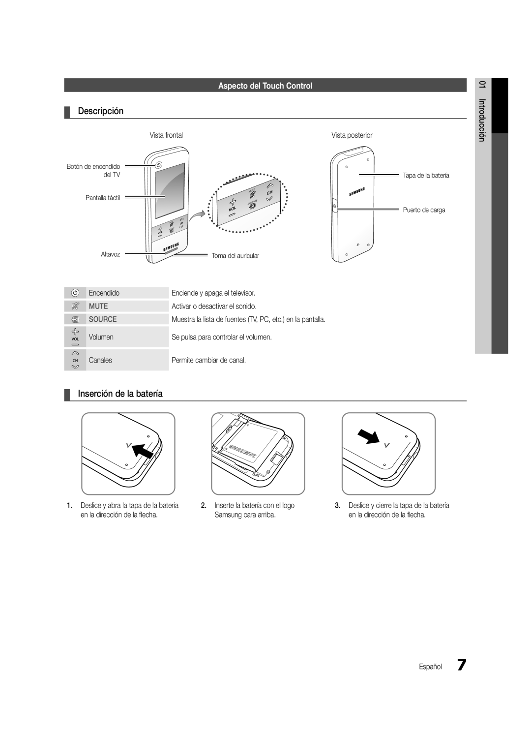 Samsung Series C9 user manual Aspecto del Touch Control, Descripción, Inserción de la batería, Mute, Source, Introducción 