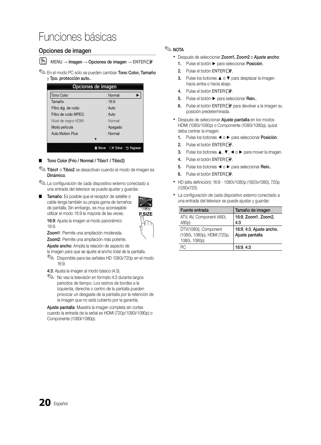 Samsung BN68-03088A-01, Series C9 user manual Opciones de imagen, Funciones básicas 