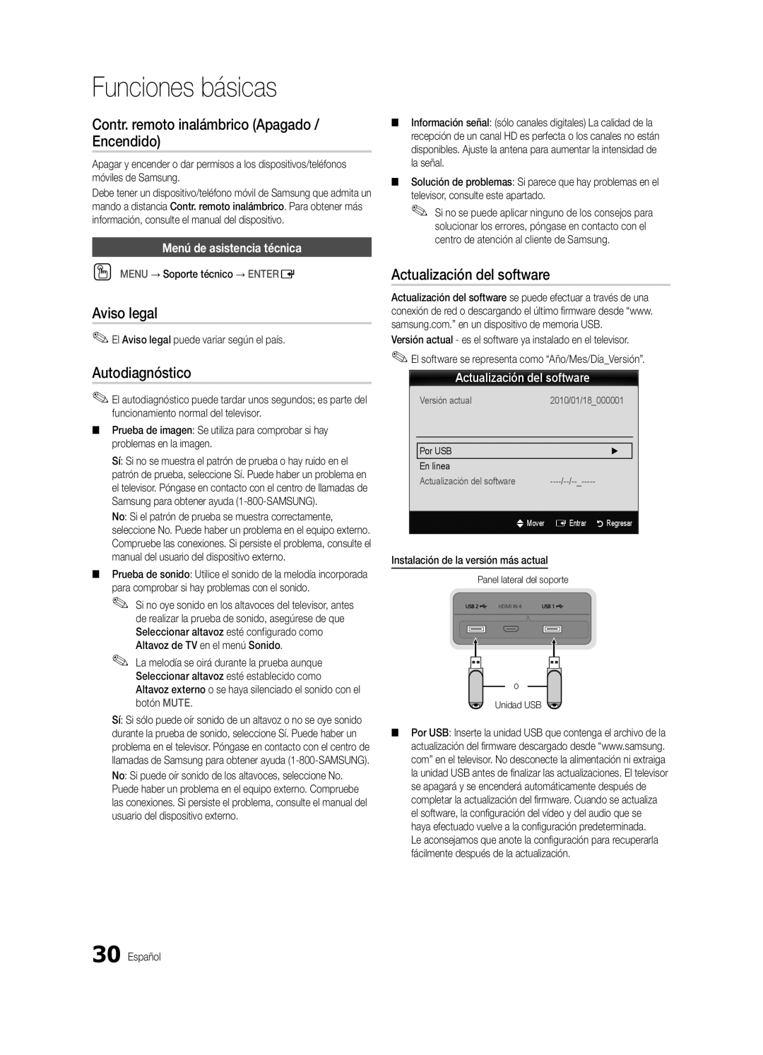 Samsung BN68-03088A-01 Contr. remoto inalámbrico Apagado / Encendido, Aviso legal, Autodiagnóstico, Funciones básicas 