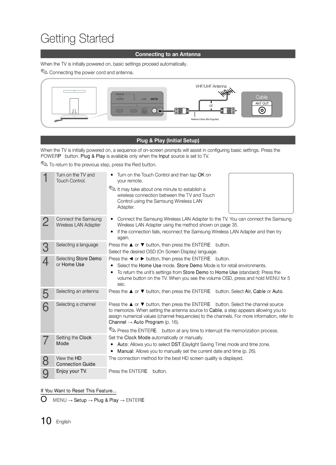 Samsung BN68-03088A-02, UC9000-NA user manual Connecting to an Antenna, Plug & Play Initial Setup, VHF/UHF Antenna 