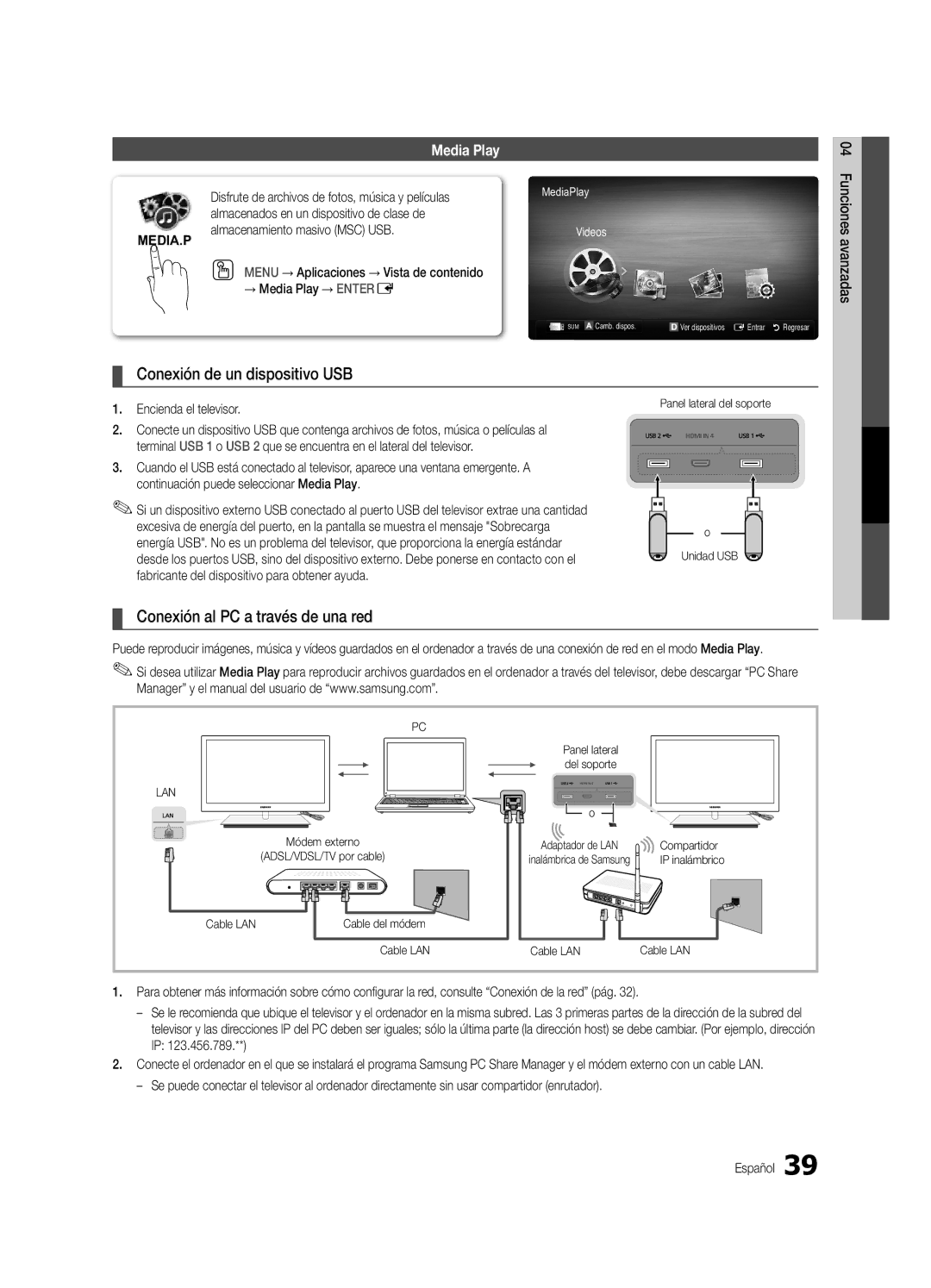 Samsung BN68-03088A-02 Conexión de un dispositivo USB, Conexión al PC a través de una red, Encienda el televisor 