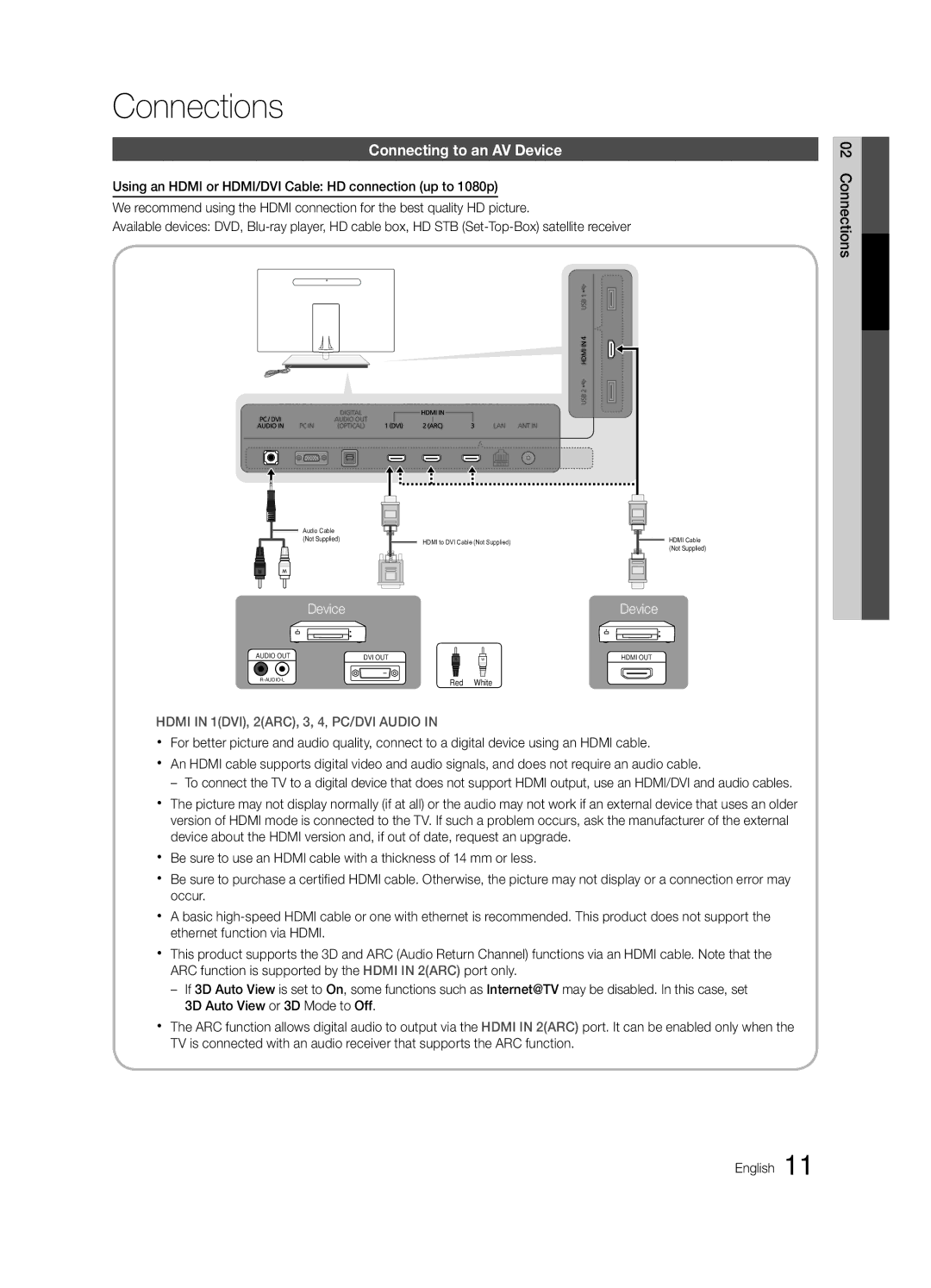 Samsung UC9000-NA, BN68-03088A-02 user manual Connections, Connecting to an AV Device 