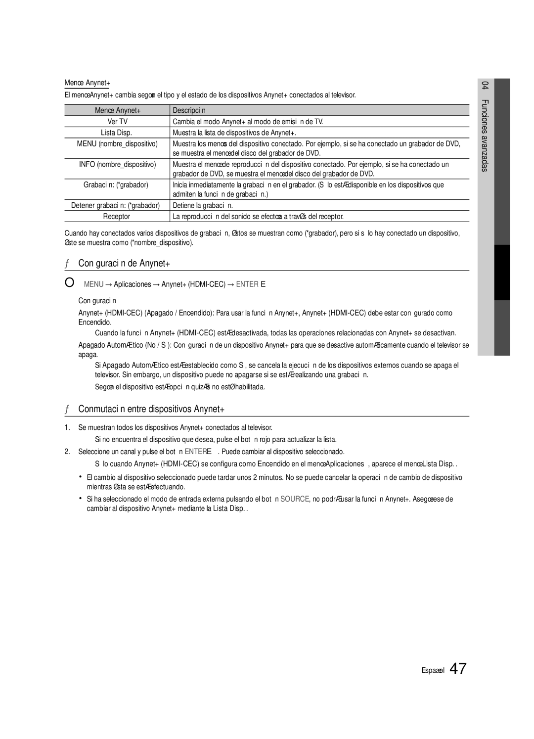 Samsung BN68-03088A-02, UC9000-NA user manual Configuración de Anynet+, Conmutación entre dispositivos Anynet+ 