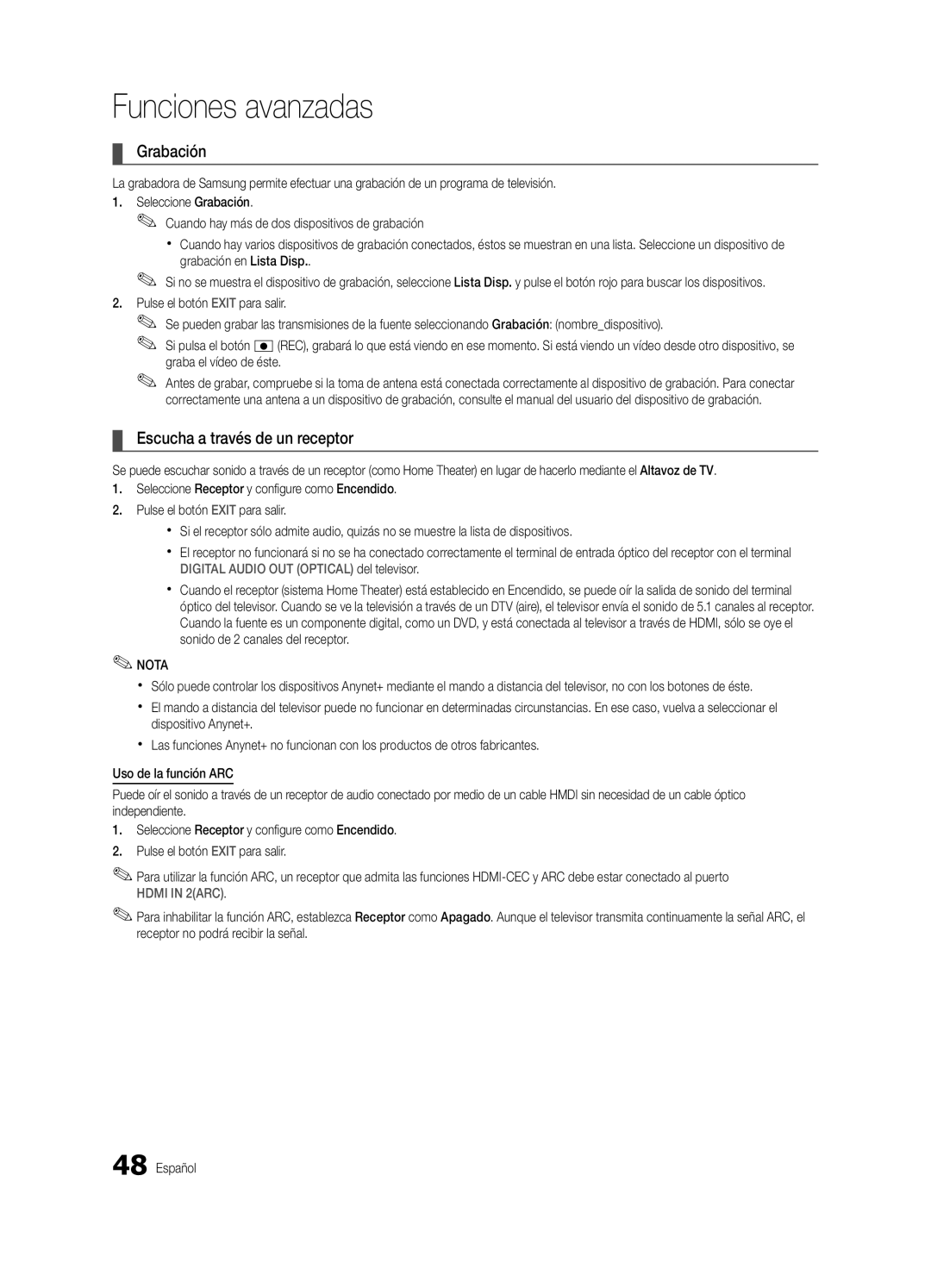 Samsung UC9000-NA, BN68-03088A-02 user manual Grabación, Escucha a través de un receptor 