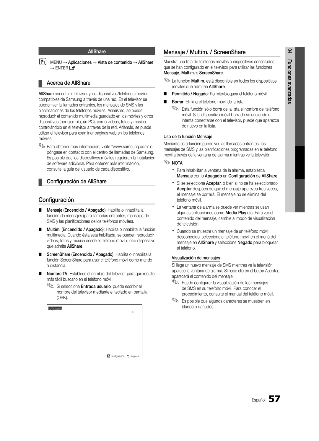 Samsung BN68-03088A-02, UC9000-NA Mensaje / Multim. / ScreenShare, Acerca de AllShare, Configuración de AllShare 