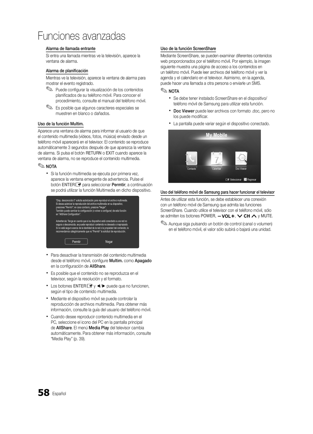 Samsung UC9000-NA, BN68-03088A-02 user manual Uso de la función Multim, Uso de la función ScreenShare 