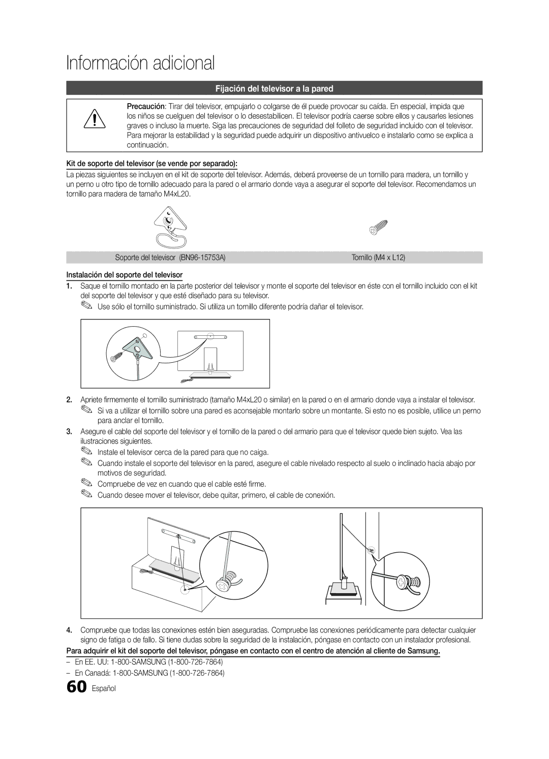 Samsung UC9000-NA Fijación del televisor a la pared, Instalación del soporte del televisor, Para anclar el tornillo 